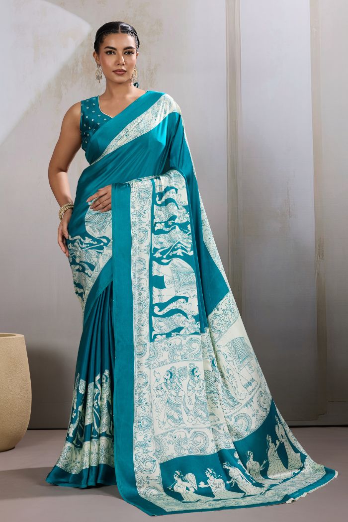Buy MySilkLove Water Blue Modal Ajrakh Printed Satin Silk Saree Online