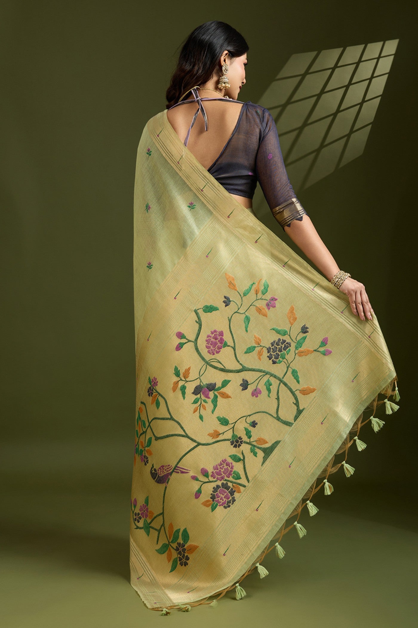 Buy MySilkLove Pear Green Woven Muga Cotton Paithani Saree Online