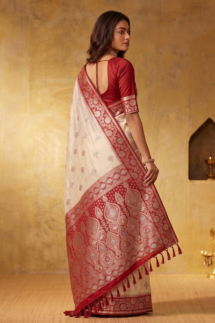 Buy MySilkLove Alabaster Cream Woven Banarasi Saree Online