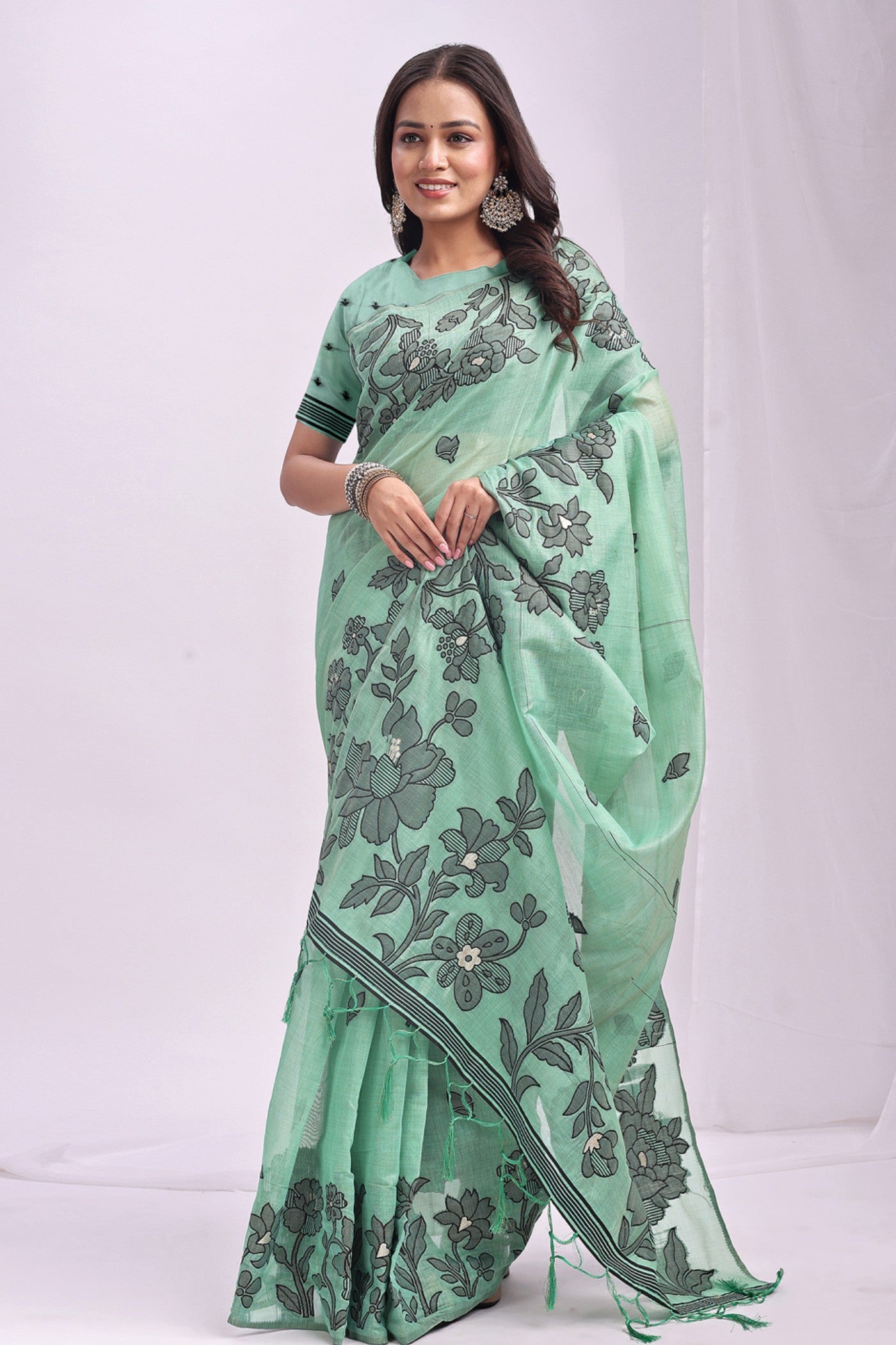 Buy MySilkLove Rama Green Woven Linen Cotton Saree Online