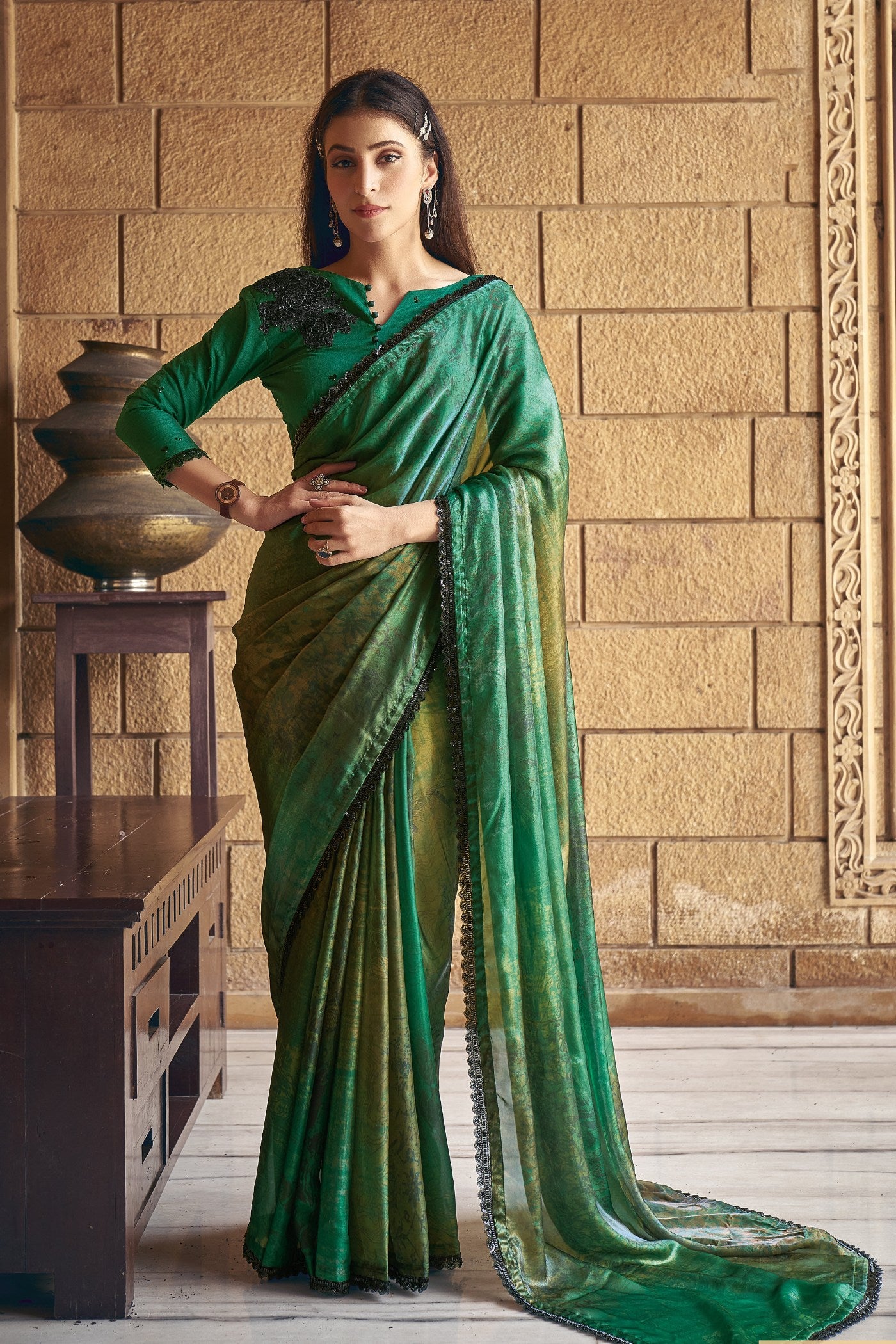 Buy MySilkLove Amazon Green Satin Printed Silk Saree Online