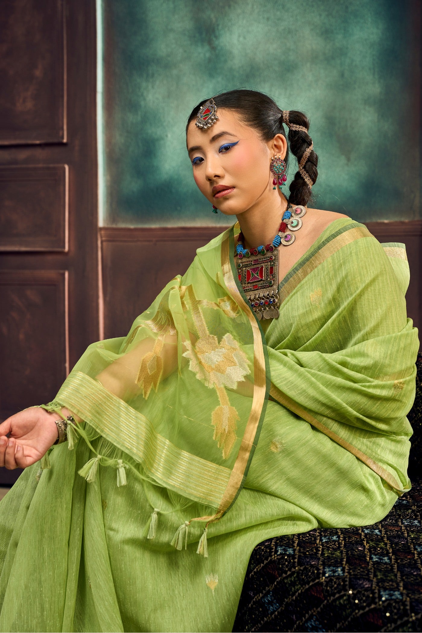 Buy MySilkLove Pear Green Munga Handloom Cotton Saree Online