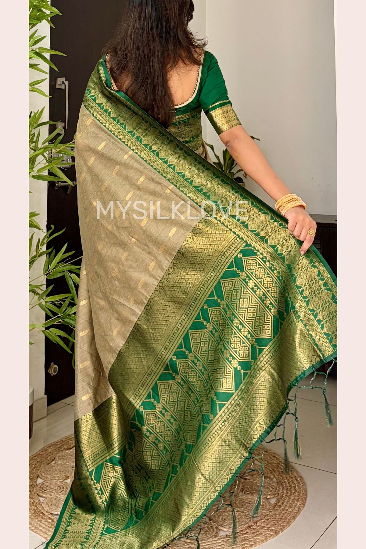 Buy MySilkLove Dust Cream and Green Woven Banarasi Cotton Saree Online