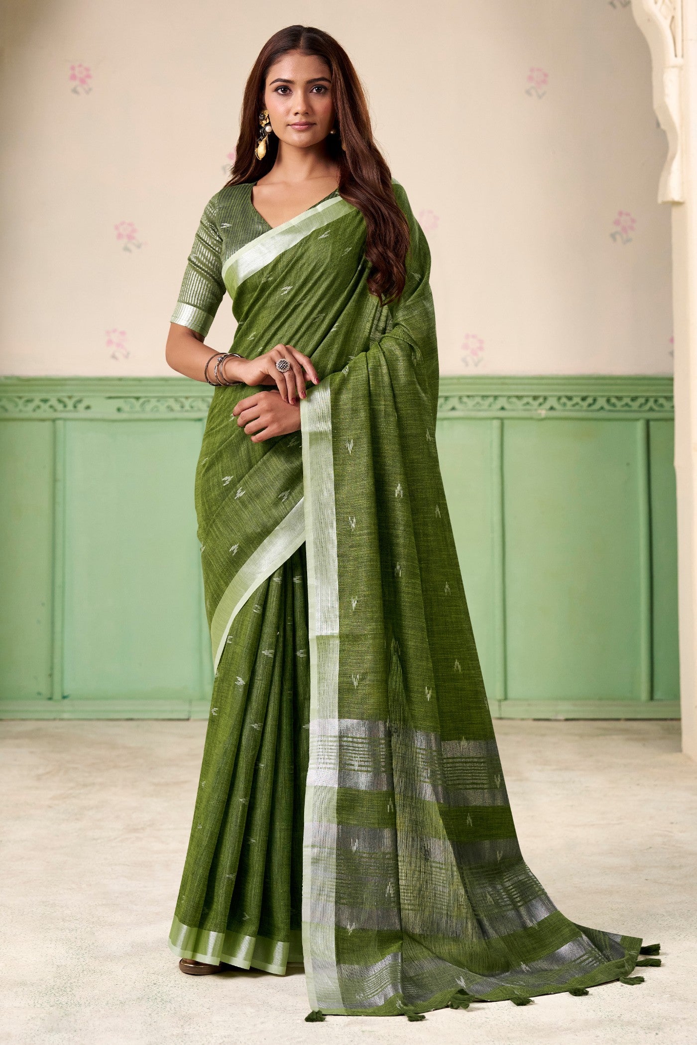 Buy MySilkLove Slimy Green Woven Linen Saree Online