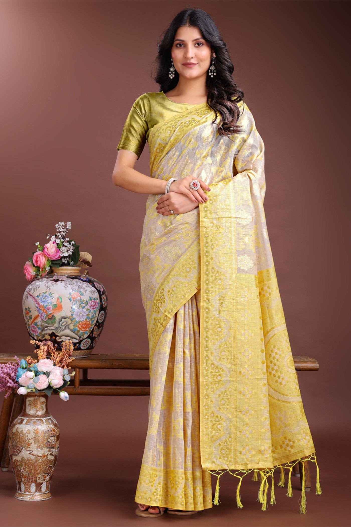 Buy MySilkLove Aureolin Yellow Linen Cotton Saree Online