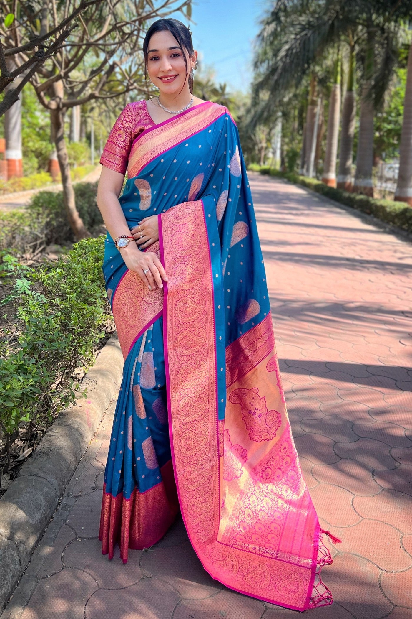 Buy MySilkLove Curious Blue and Pink Zari Woven Banarasi Saree Online