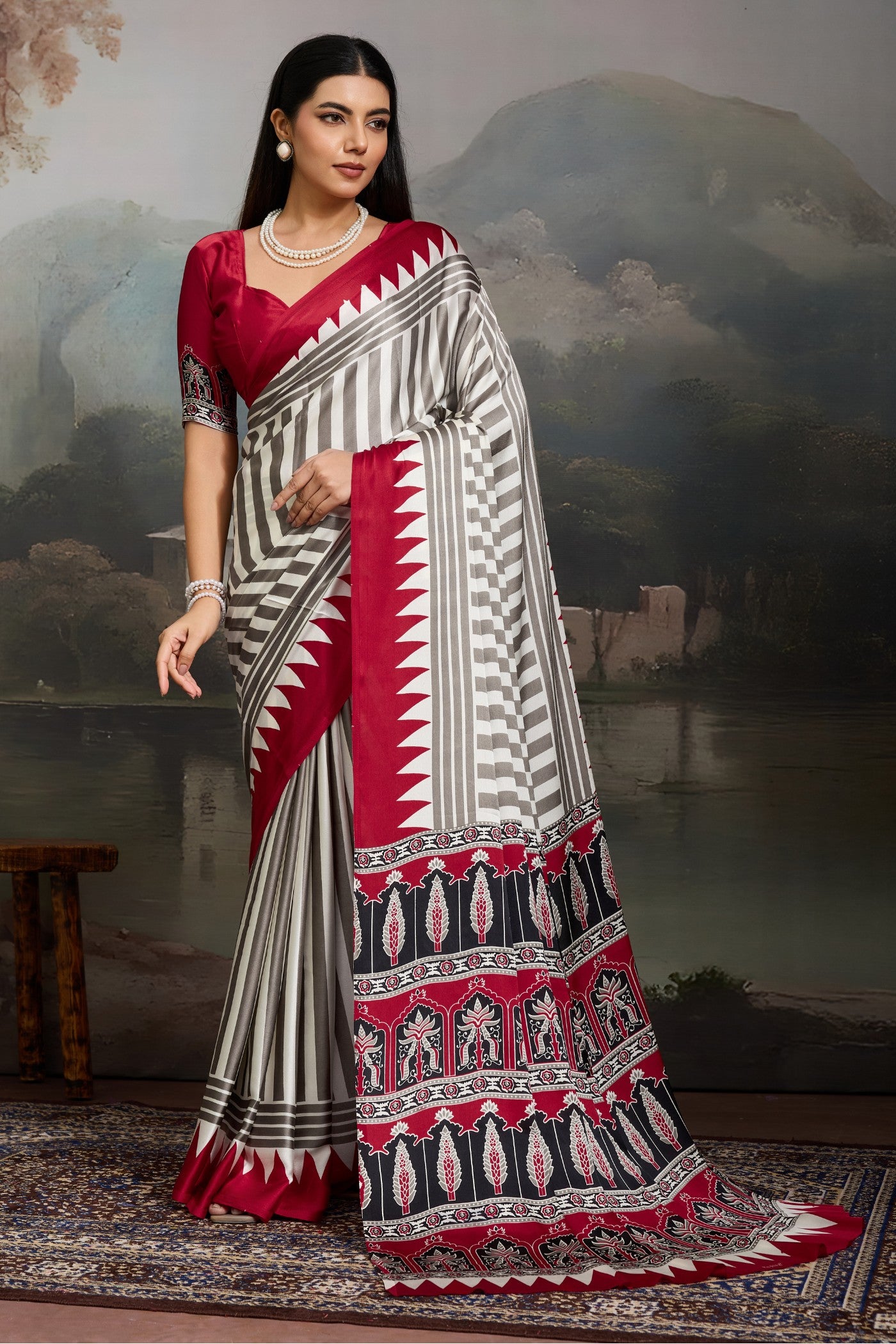 Buy MySilkLove Honeydew White and Red Ajrakh Printed Satin Crepe Silk Saree Online