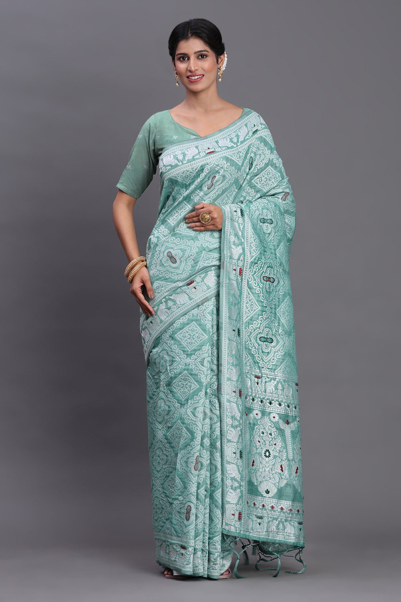 Buy MySilkLove Myrtle Green Linen Cotton Saree Online