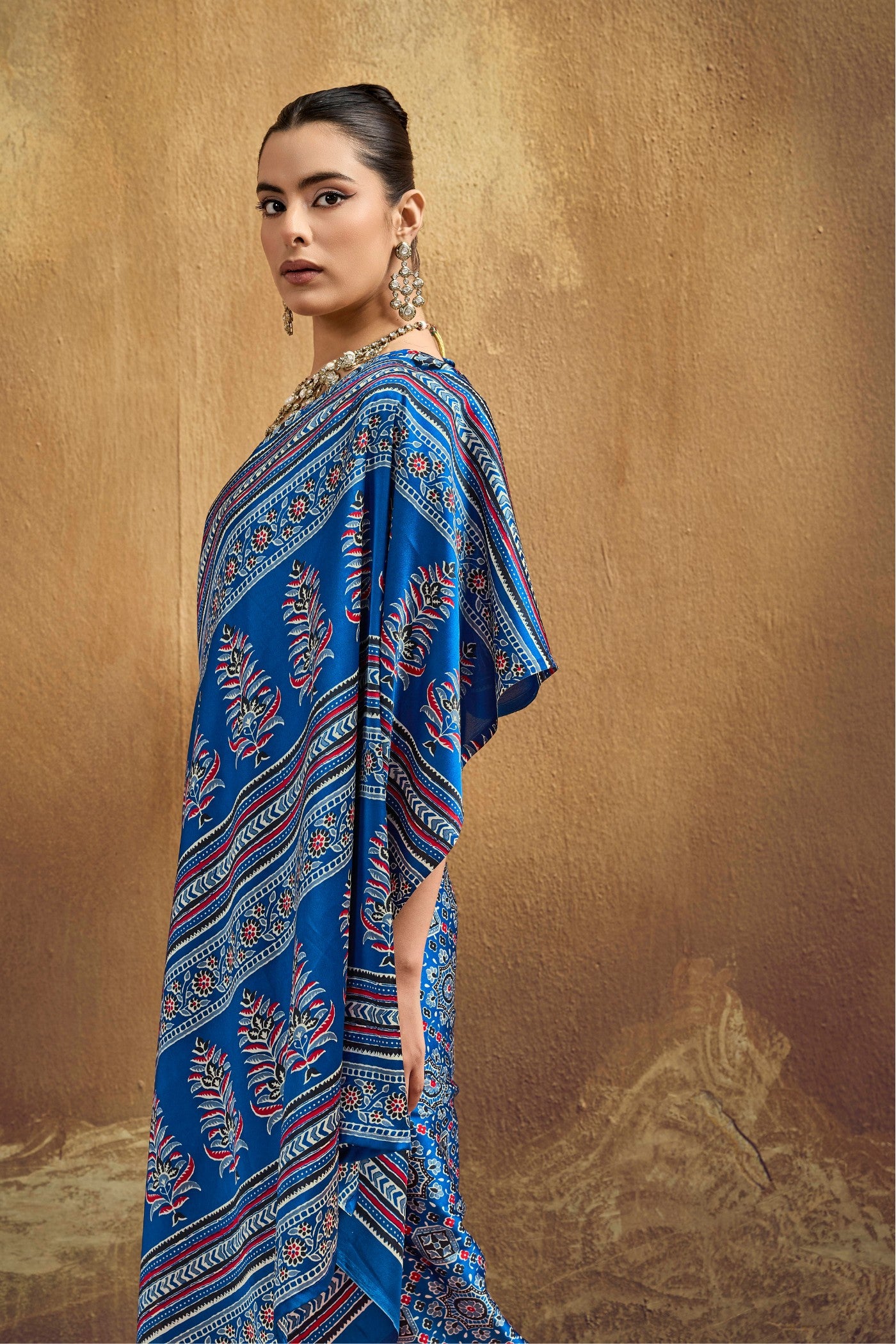 MySilkLove Arctic Blue Modal Ajrakh Satin Printed Silk Saree