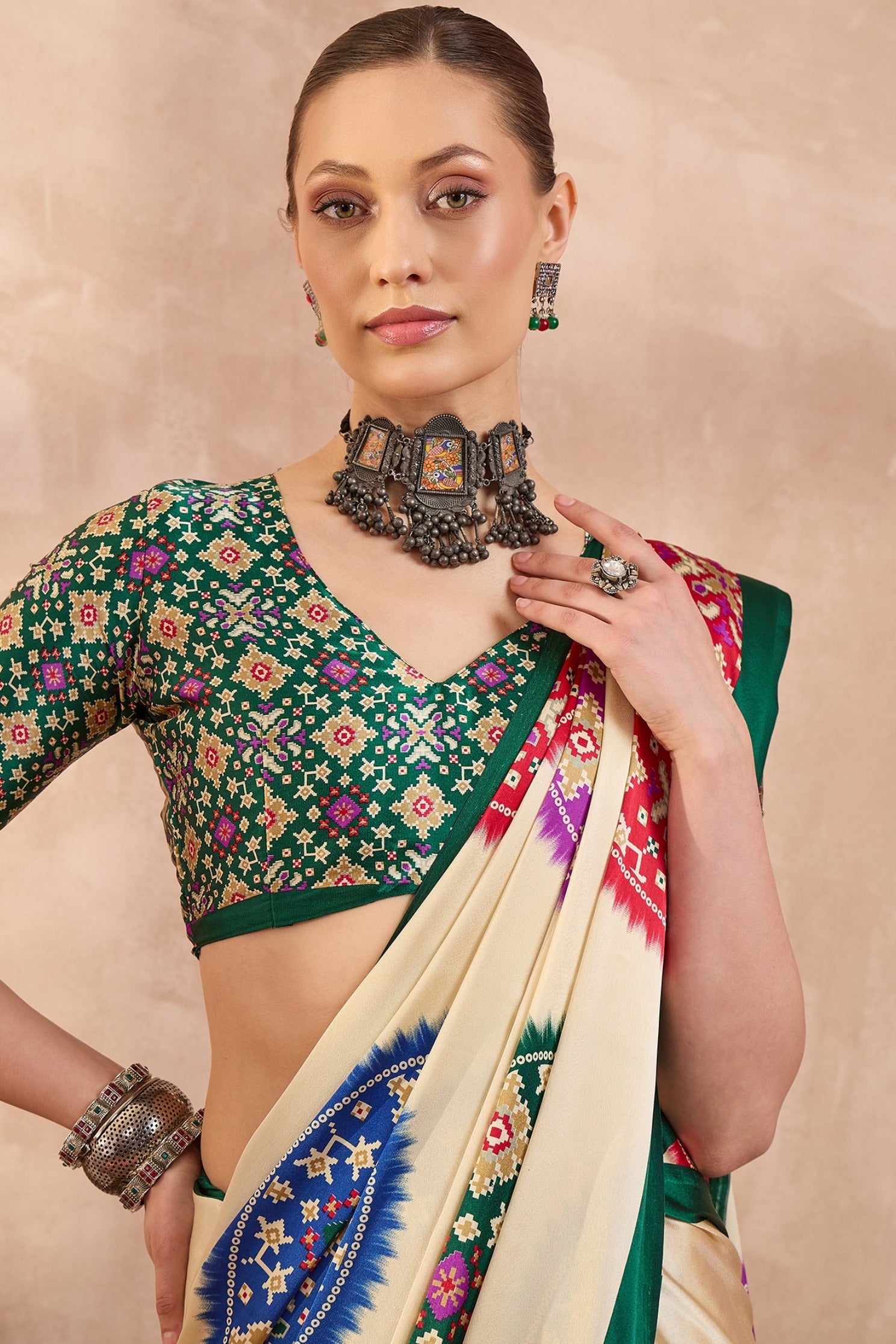 MySilkLove Buttery Cream and Green Modal Ajrakh Printed Silk Saree