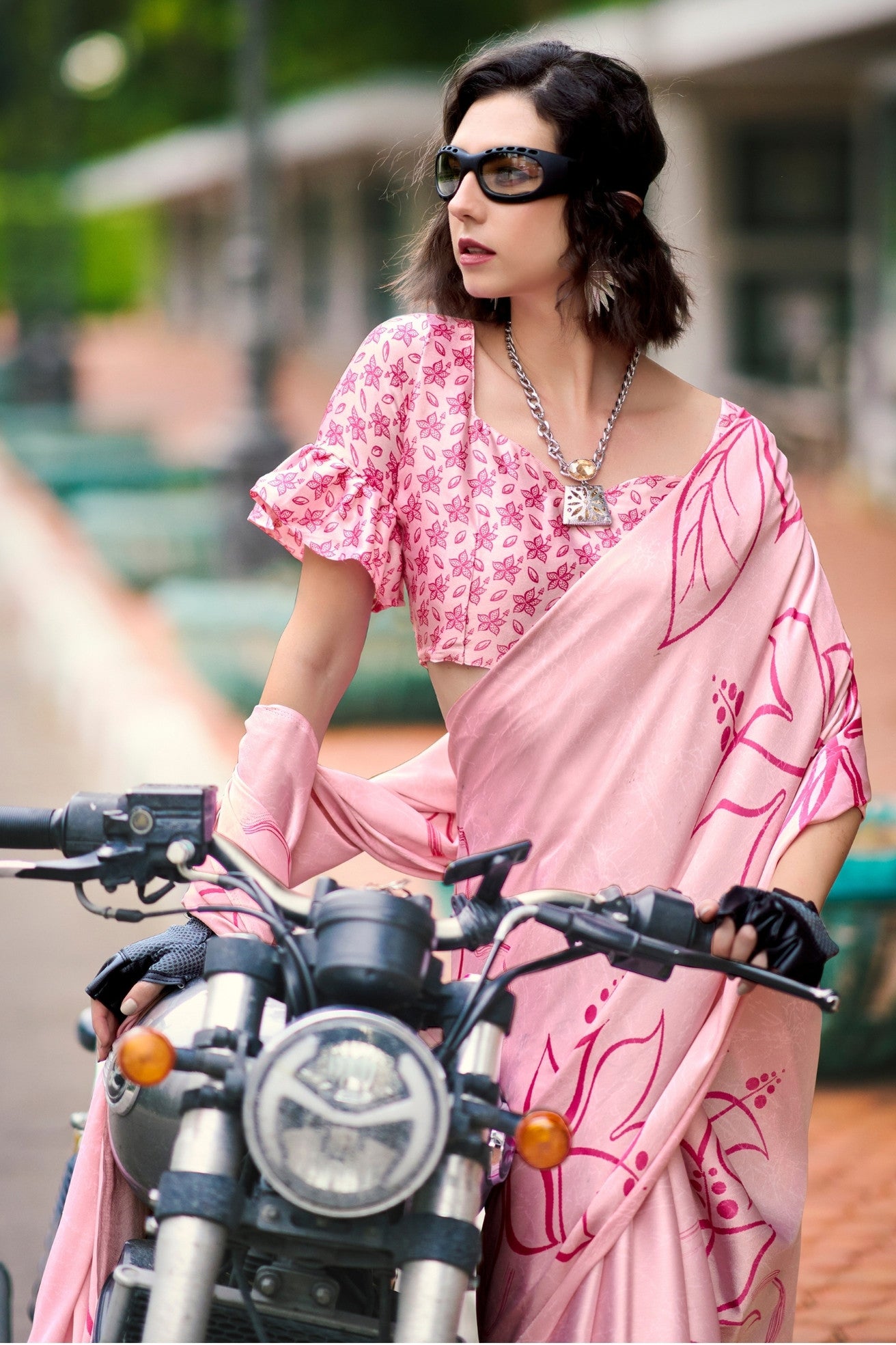 MySilkLove Baby Pink Printed Satin Crepe Saree