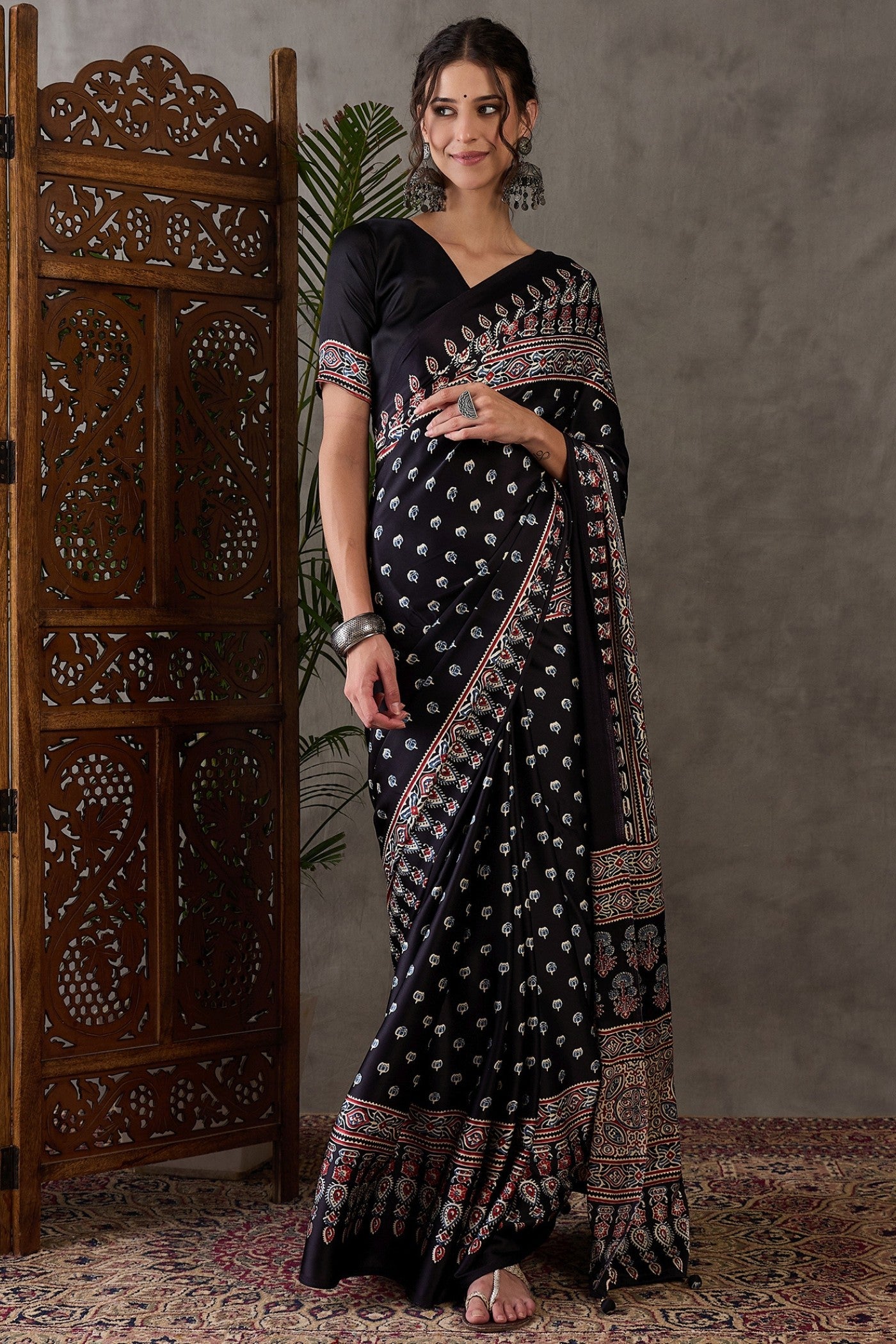 Buy MySilkLove Tuna Black Printed Satin Gaji Silk Saree Online