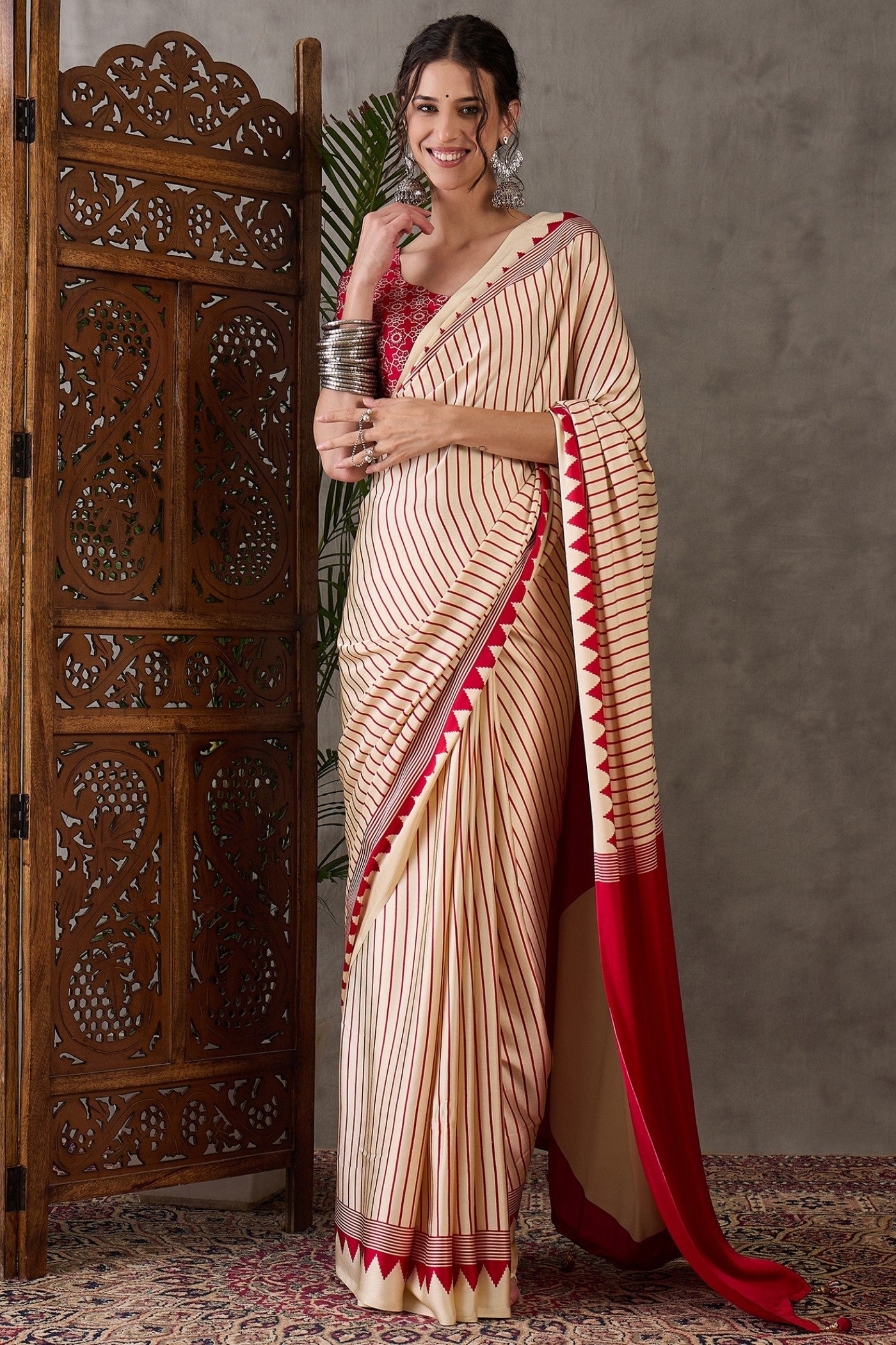 Buy MySilkLove Almond Cream and Red Printed Satin Gaji Silk Saree Online