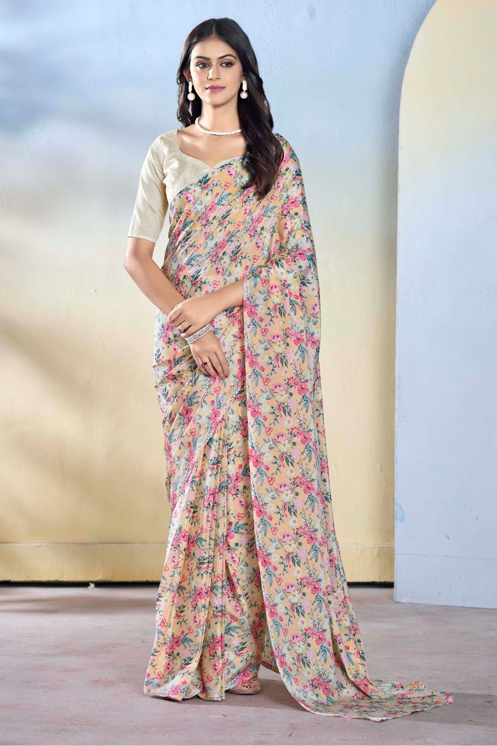 Buy MySilkLove Vanila Cream and Pink Ready To Wear Georgette Saree Online