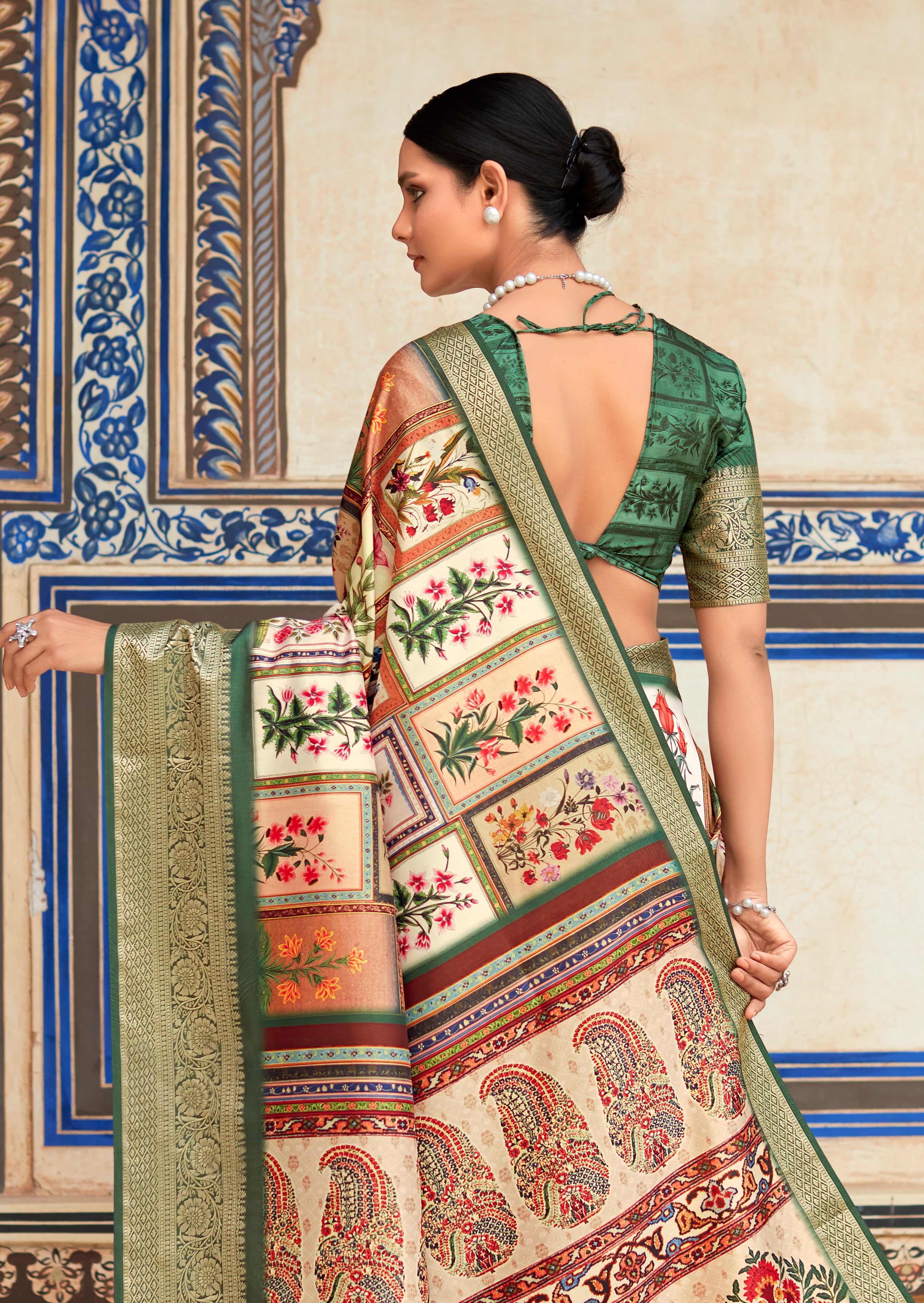 Buy MySilkLove Fawn Green and Cream Banarasi Printed Silk Saree Online