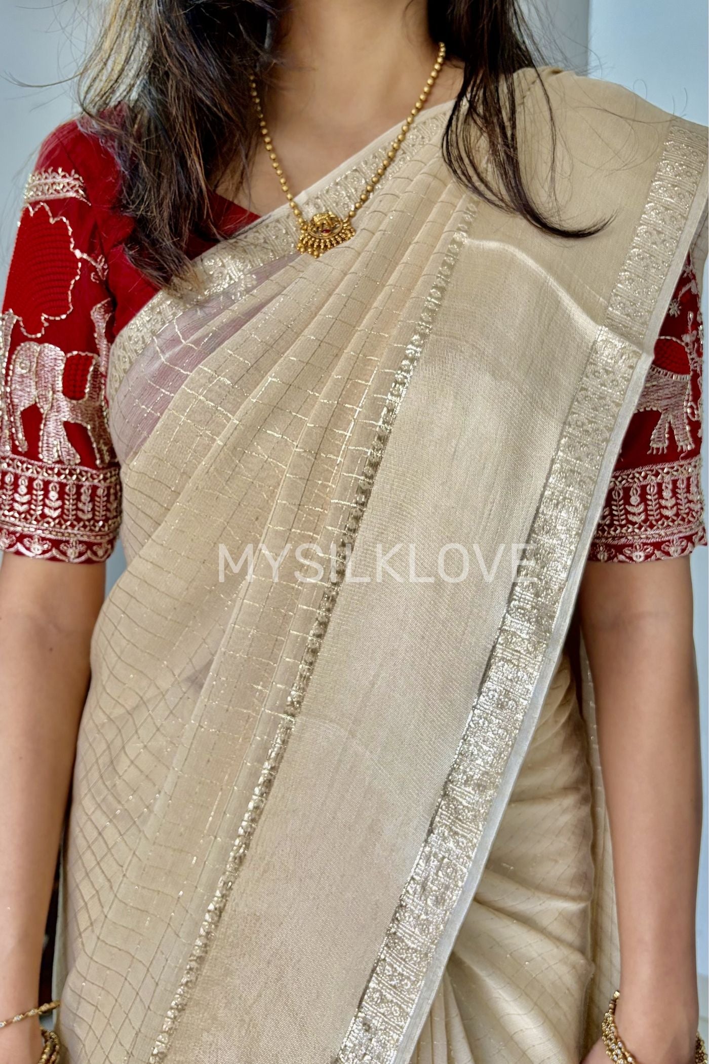 Buy MySilkLove Rice Cream Georgette Partywear Saree Without Blouse Online