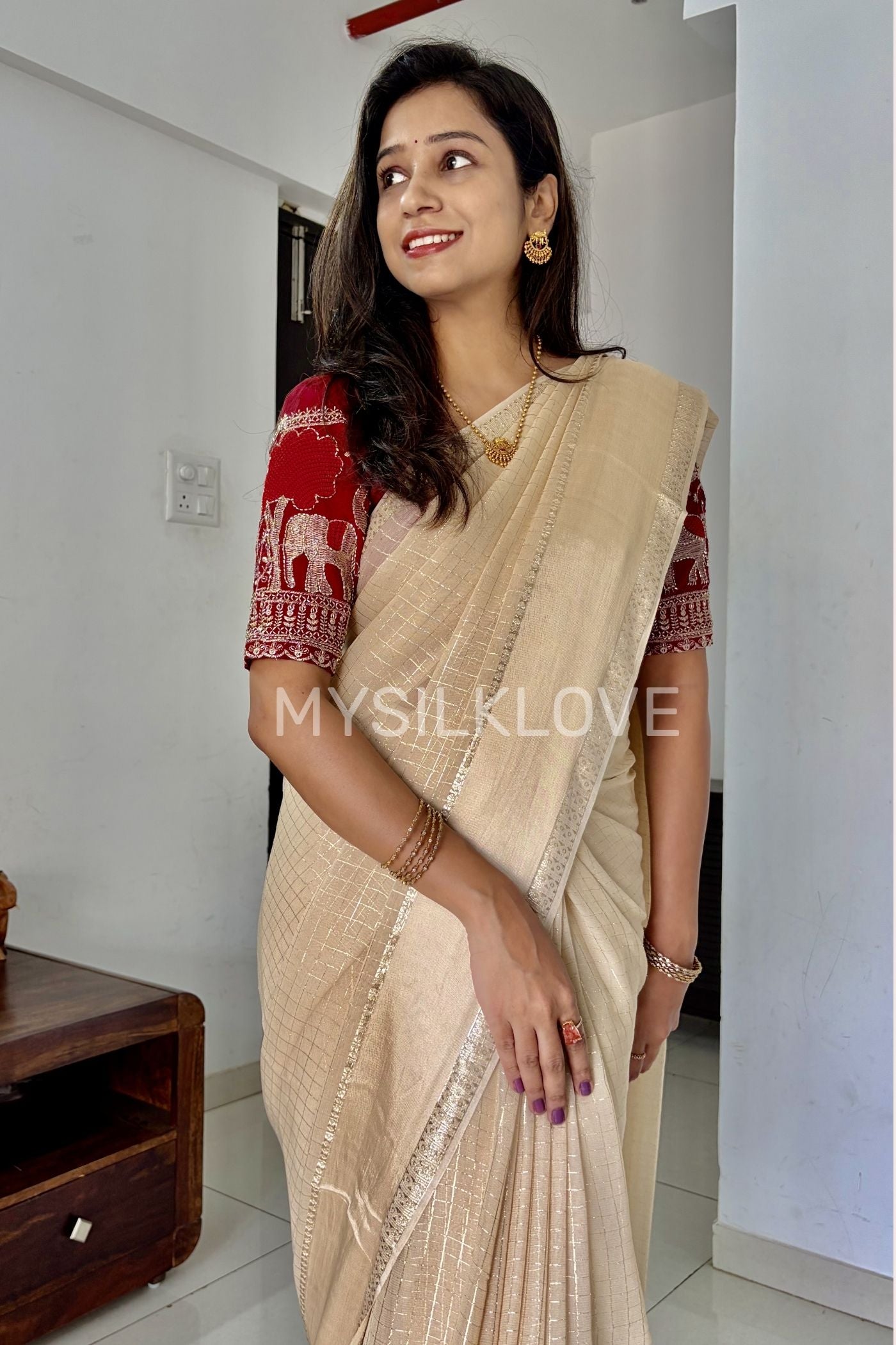 MySilkLove Rice Cream Georgette Partywear Saree Without Blouse