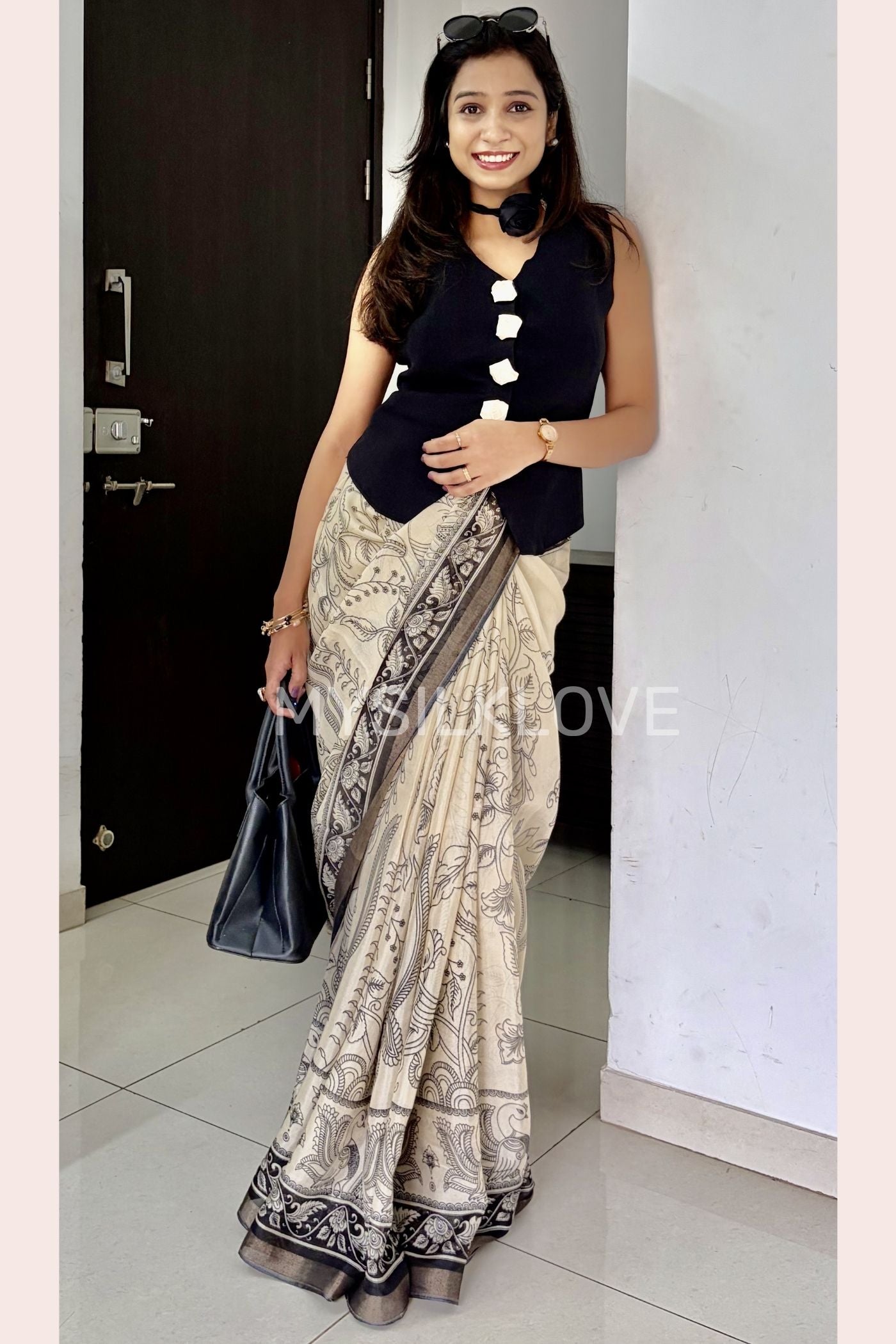 Buy MySilkLove Indowestern Style Black and Cream Mul Cotton Kalamkari Saree Online