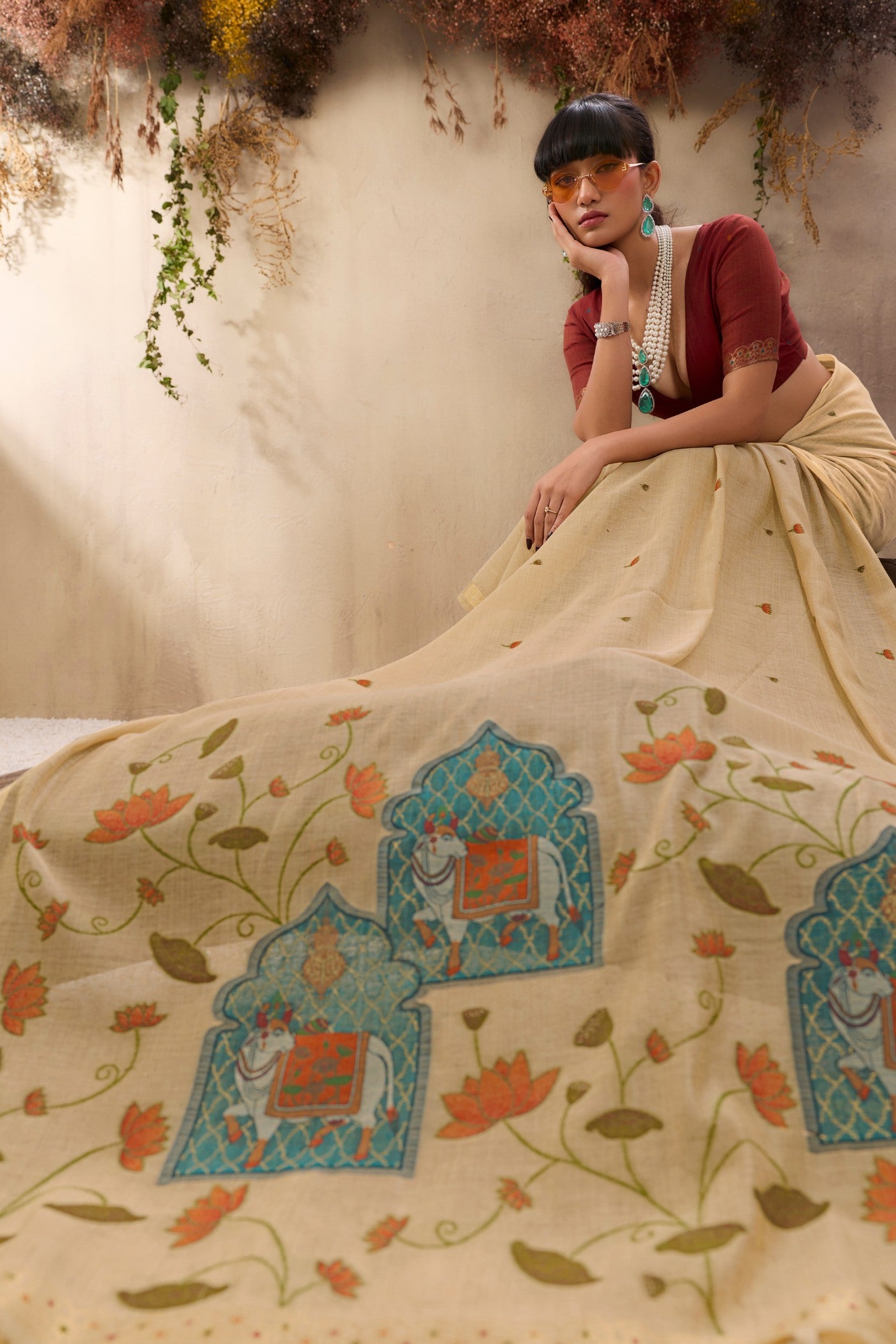 Buy MySilkLove Oyster Cream Handloom Cotton Saree Online