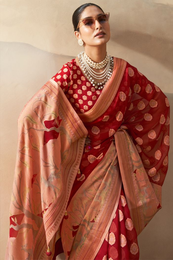 Buy MySilkLove Tall Poppy Red Woven Georgette saree Online