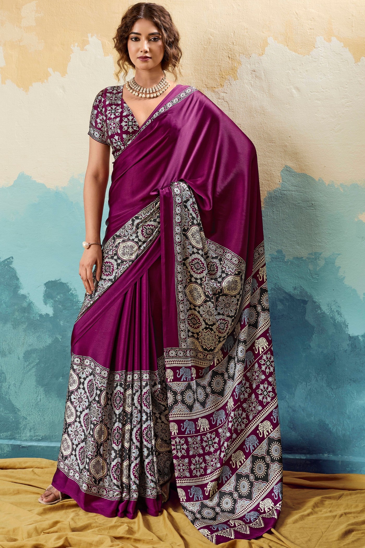 Buy MySilkLove Taco Purple Modal Ajrakh Satin Printed Silk Saree Online