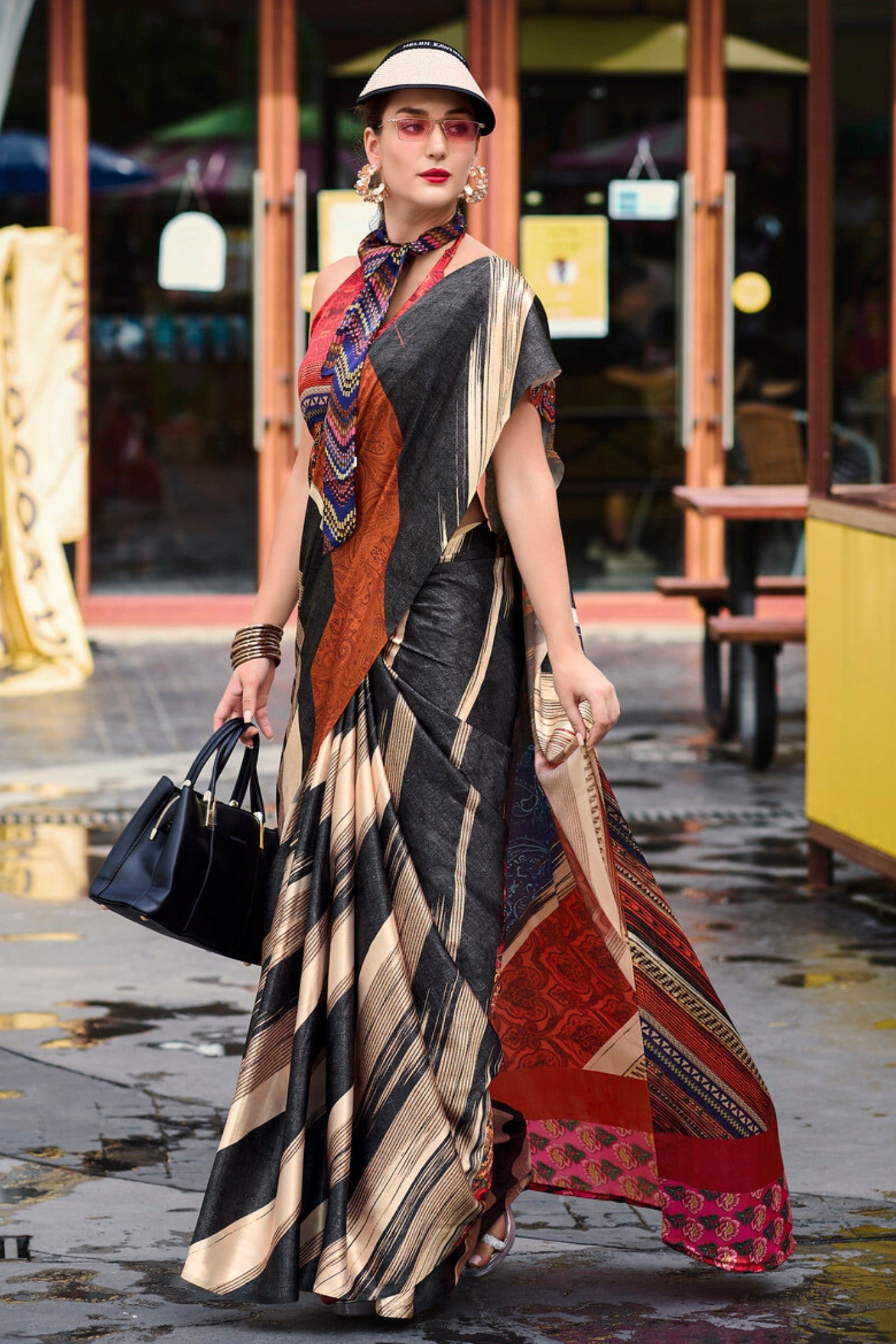 Buy MySilkLove Brown and Black Printed Satin Crepe Silk Saree Online