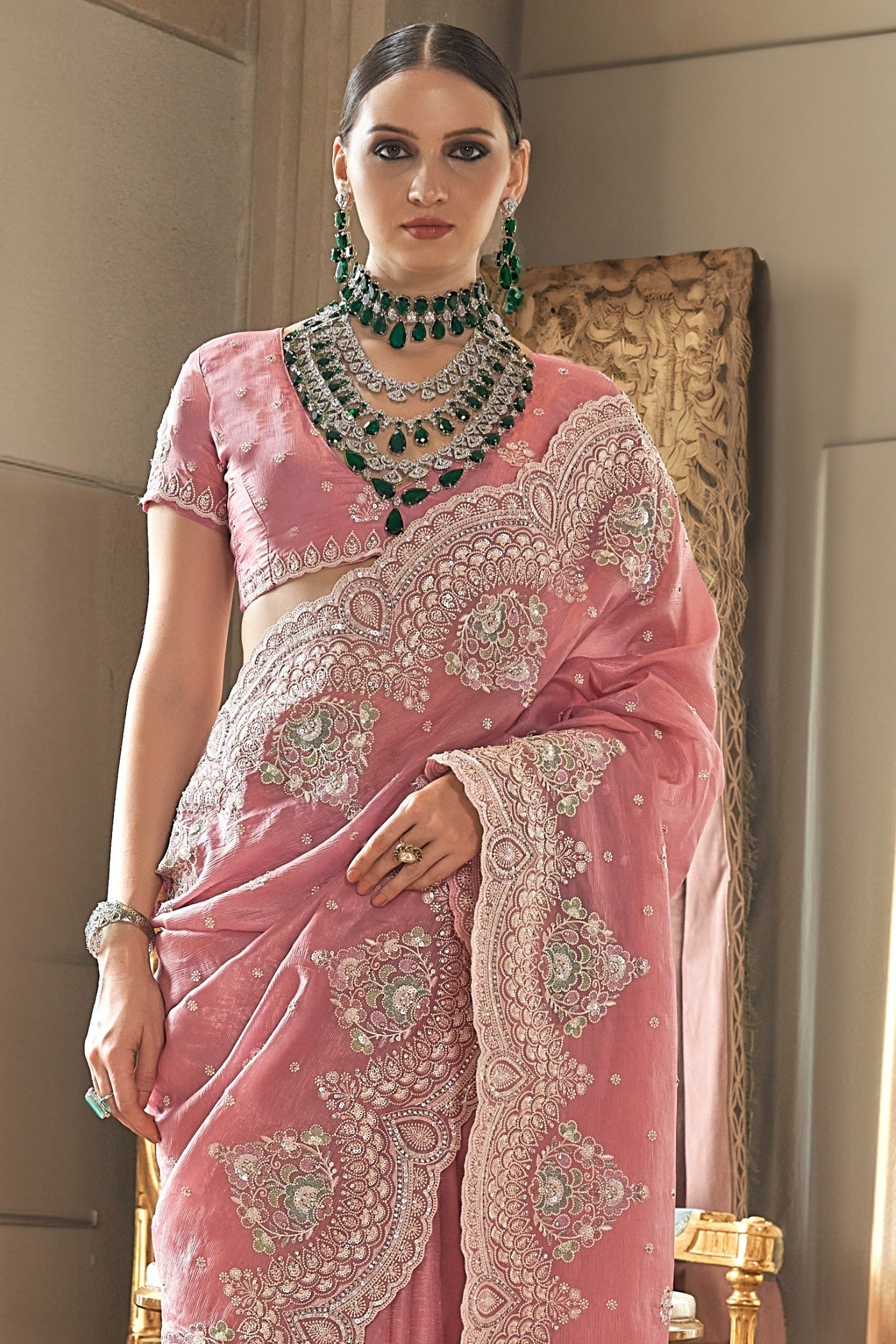 Buy MySilkLove Chestnut Pink Embroidery Designer Saree Online