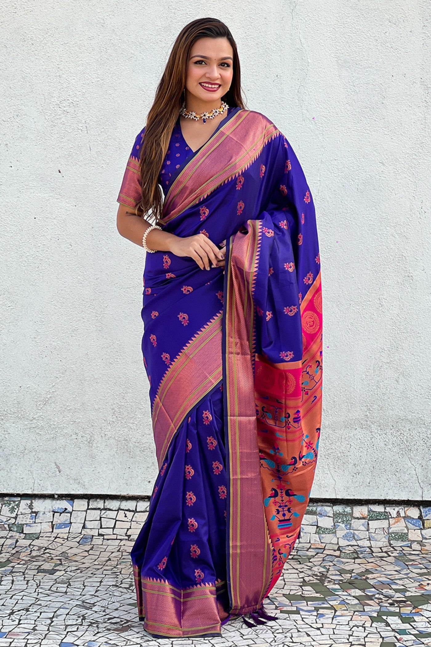 Buy MySilkLove Minsk Blue Zari Woven Nath Paithani Saree Online