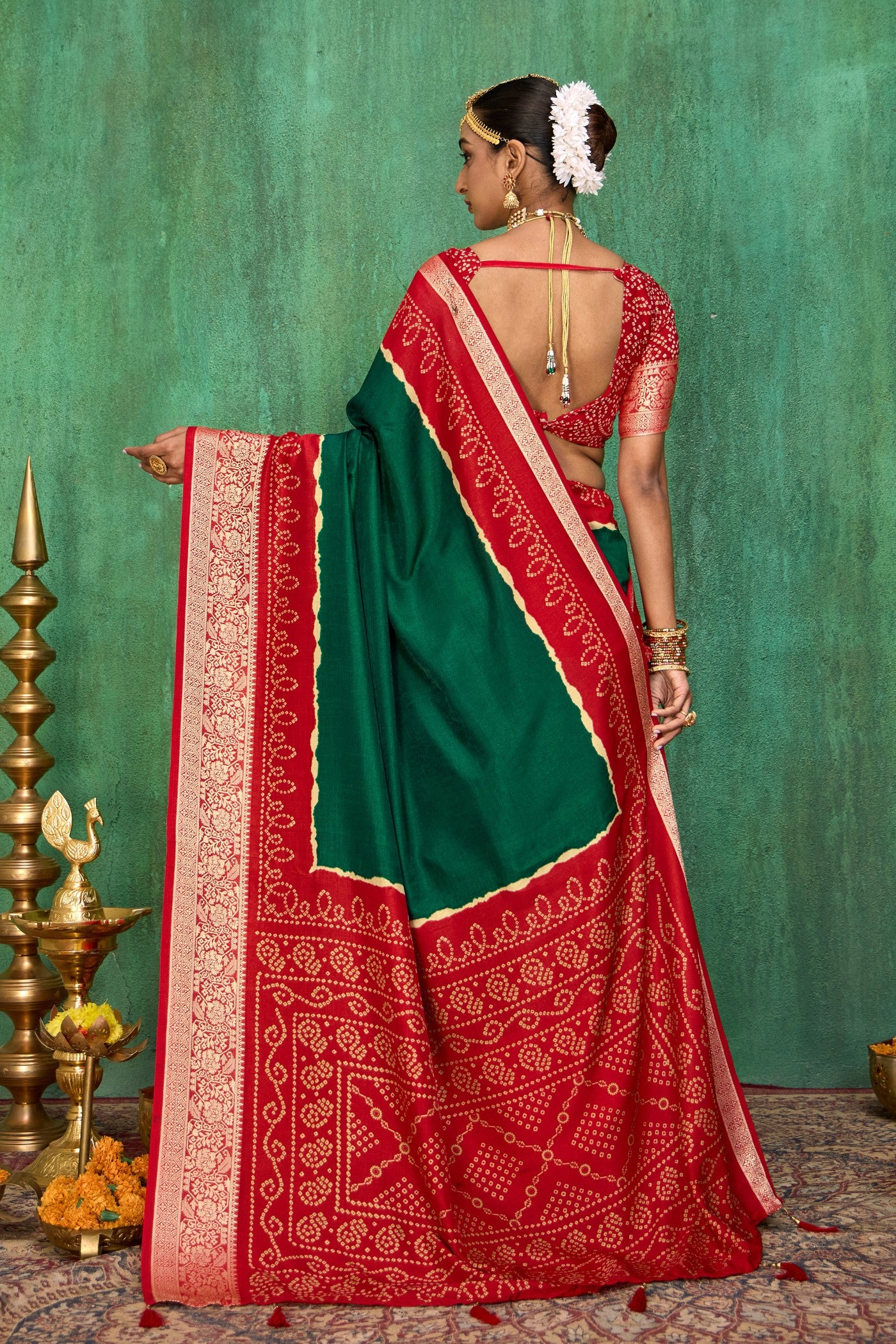 Buy MySilkLove Dark Green Tussar Bandhani Silk Saree Online