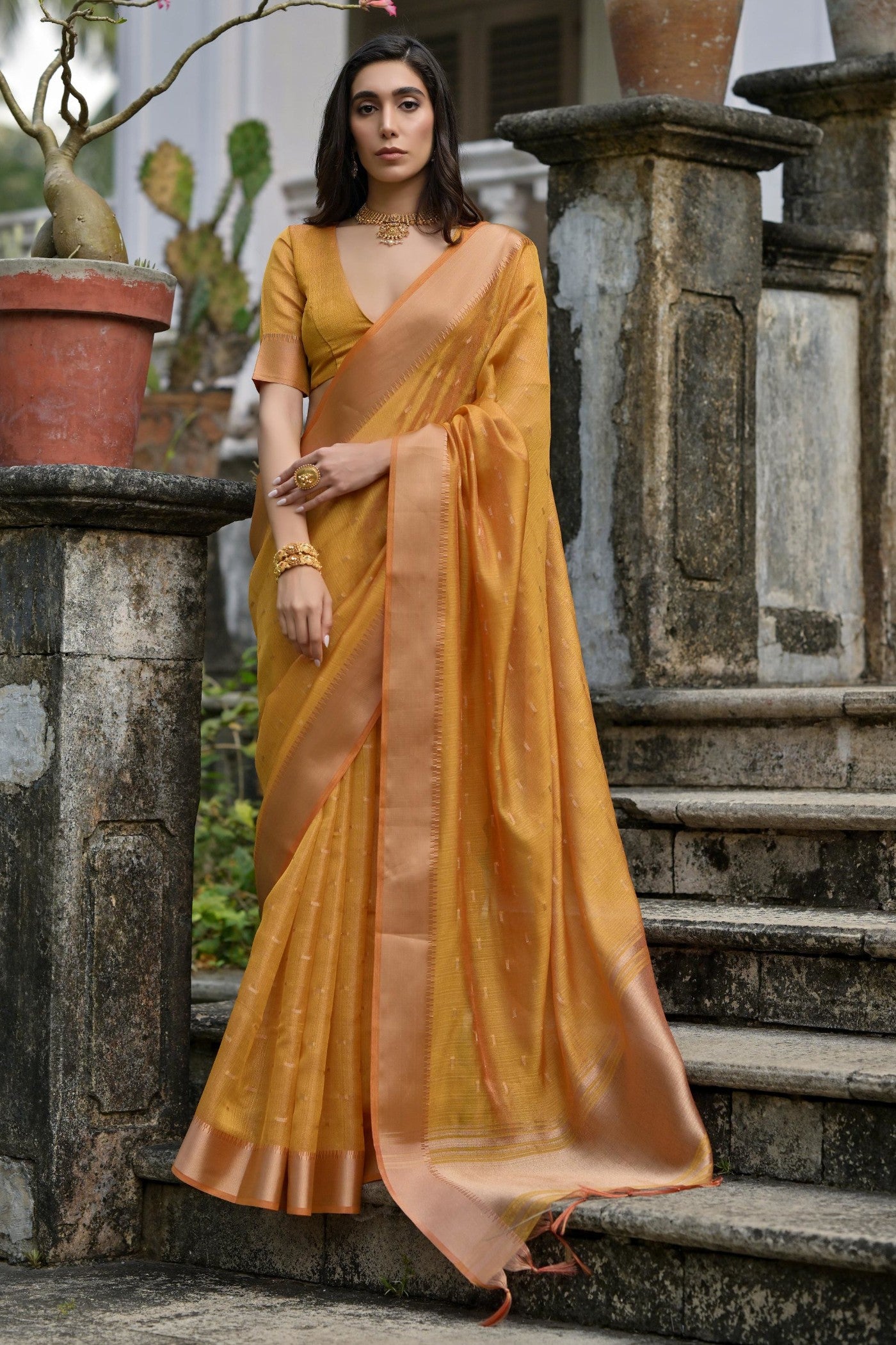 Buy MySilkLove Dijon Yellow Woven Banarasi Saree Online