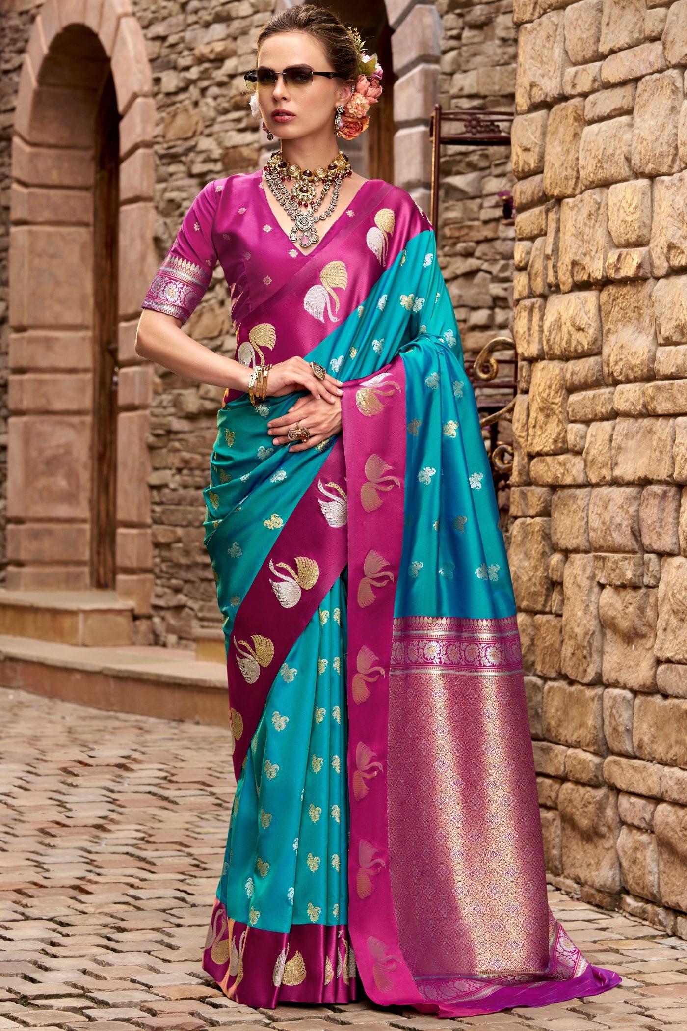 Buy MySilkLove Windows Blue Woven Satin Soft Silk Saree Online