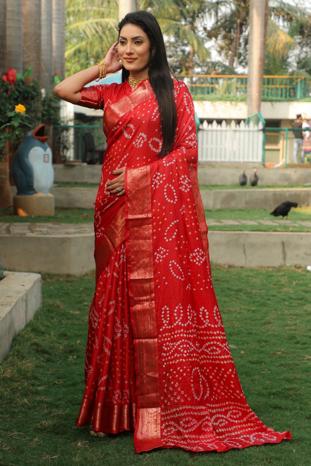 Buy MySilkLove Thunderbird Red Designer Bandhani Printed Saree Online