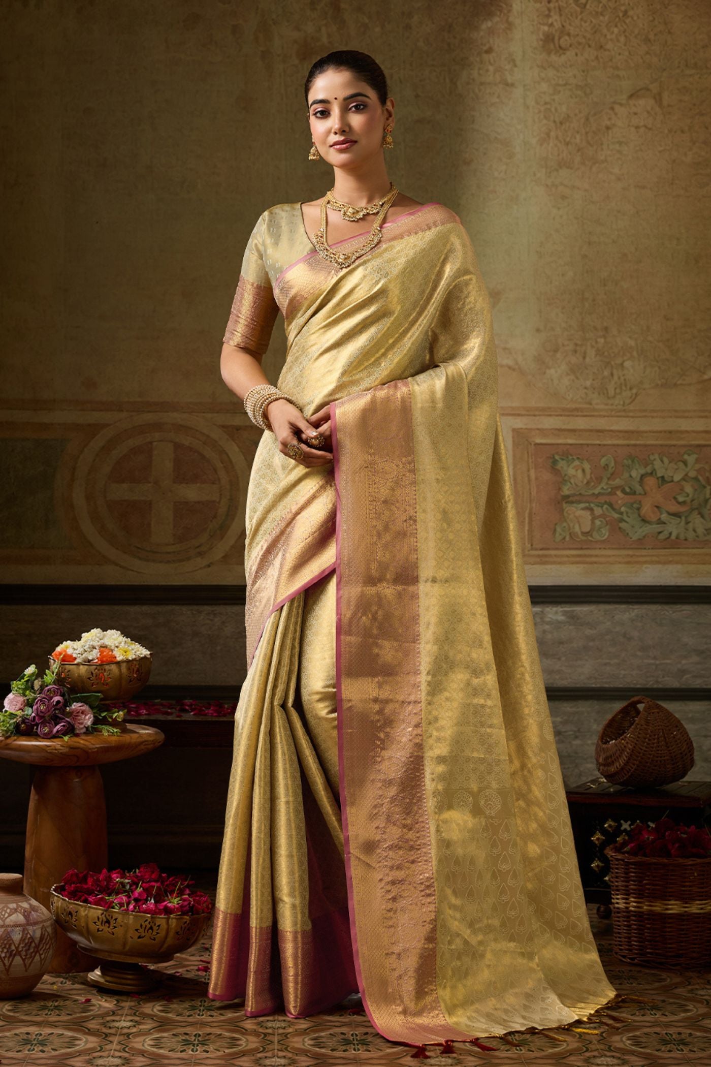 Buy MySilkLove Frosted Cream Woven Kanjivaram Saree Online