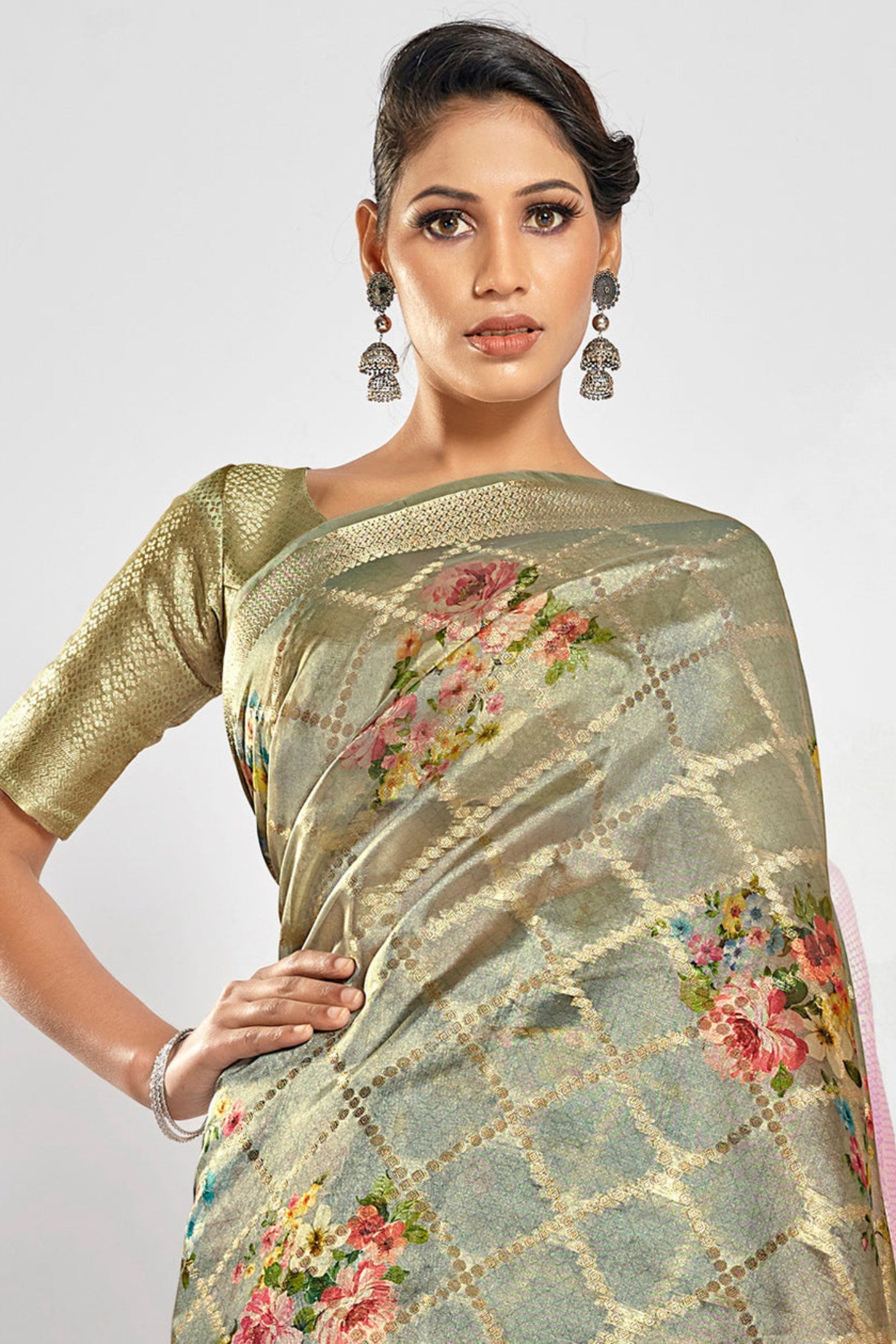 Buy MySilkLove Dolphin Grey Digital Printed Banarasi Saree Online