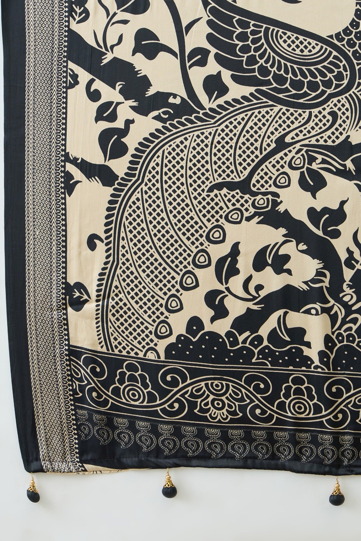 Buy MySilkLove Matte Cream Ajrakh Printed Satin Crepe Silk Saree Online