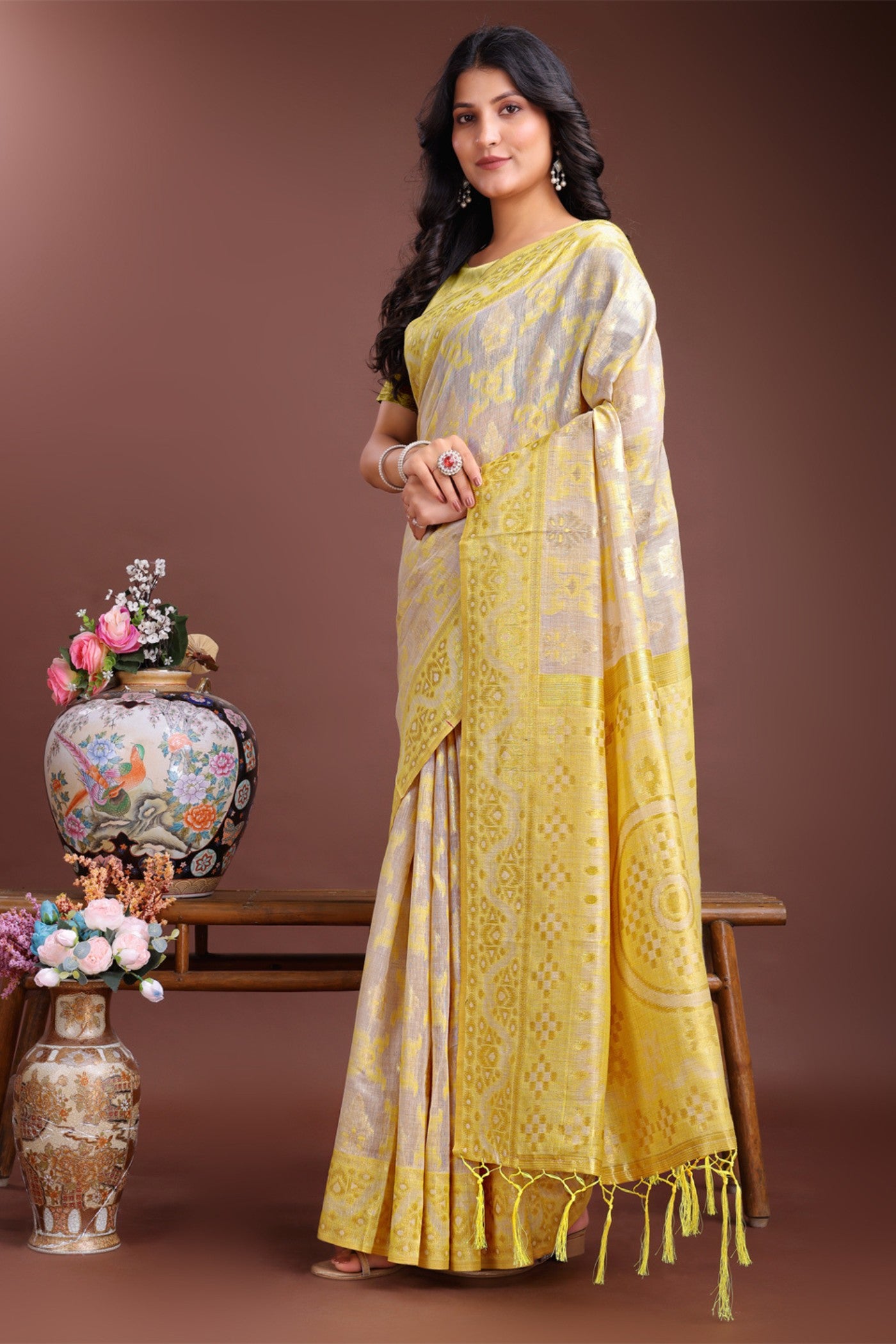 Buy MySilkLove Aureolin Yellow Linen Cotton Saree Online