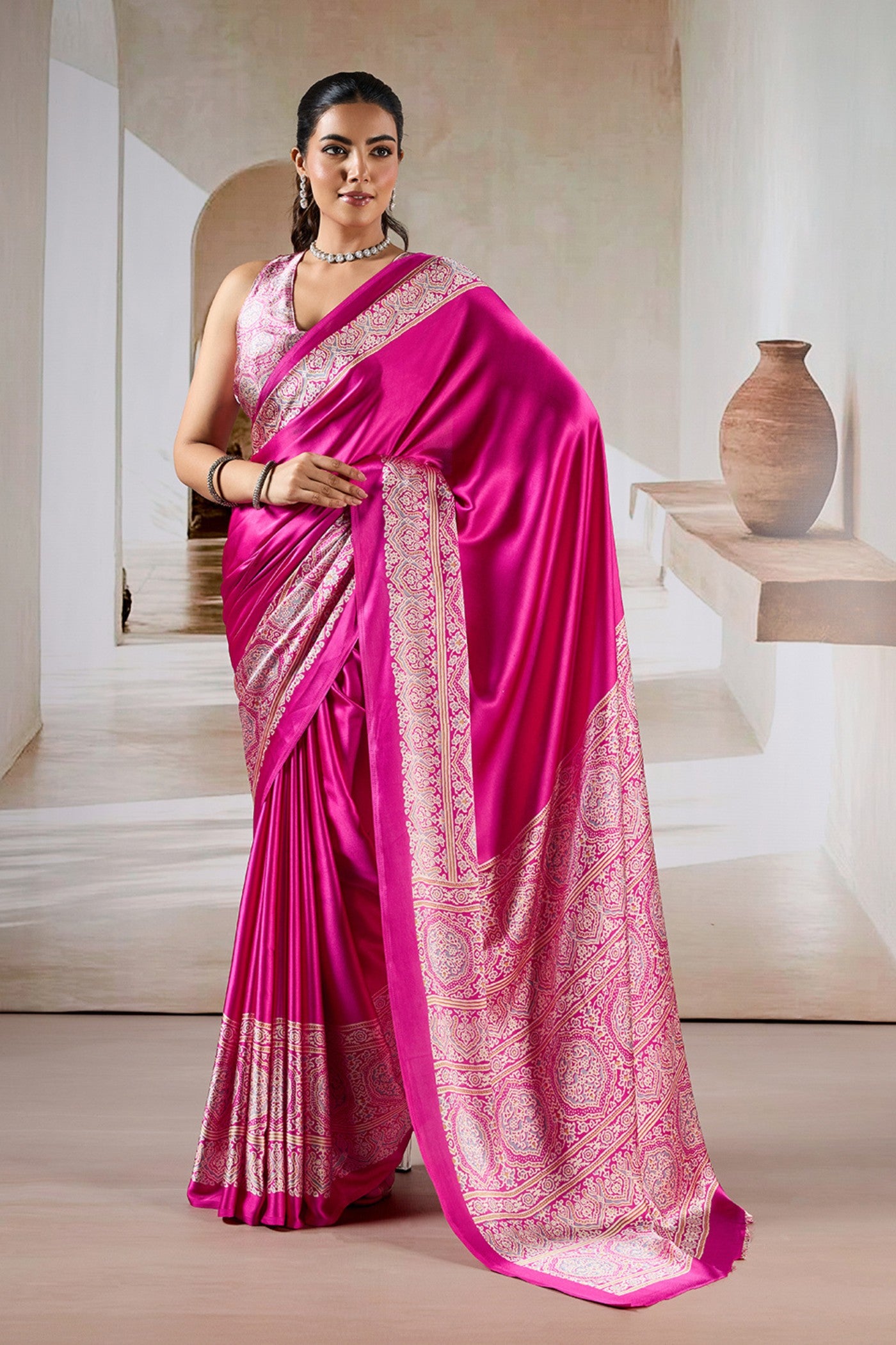 Buy MySilkLove Flower Bloom Pink Ajrakh Printed Satin Crepe Silk Saree Online