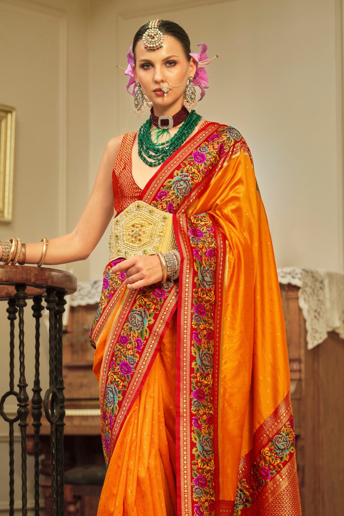 Buy MySilkLove Clementine Orange Printed Banarasi Saree Online