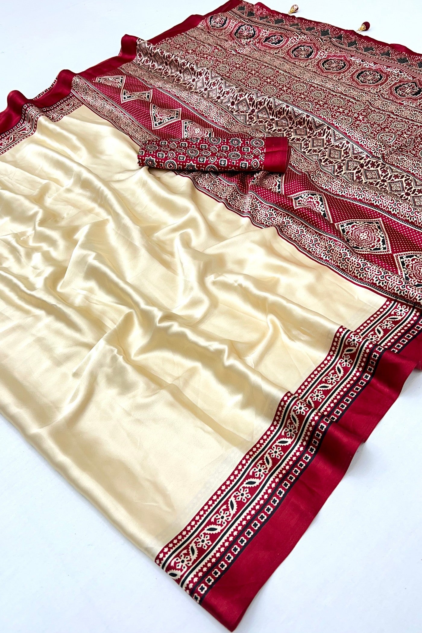 Buy MySilkLove Linen Cream and Red Ajrakh Printed Satin Crepe Silk Saree Online