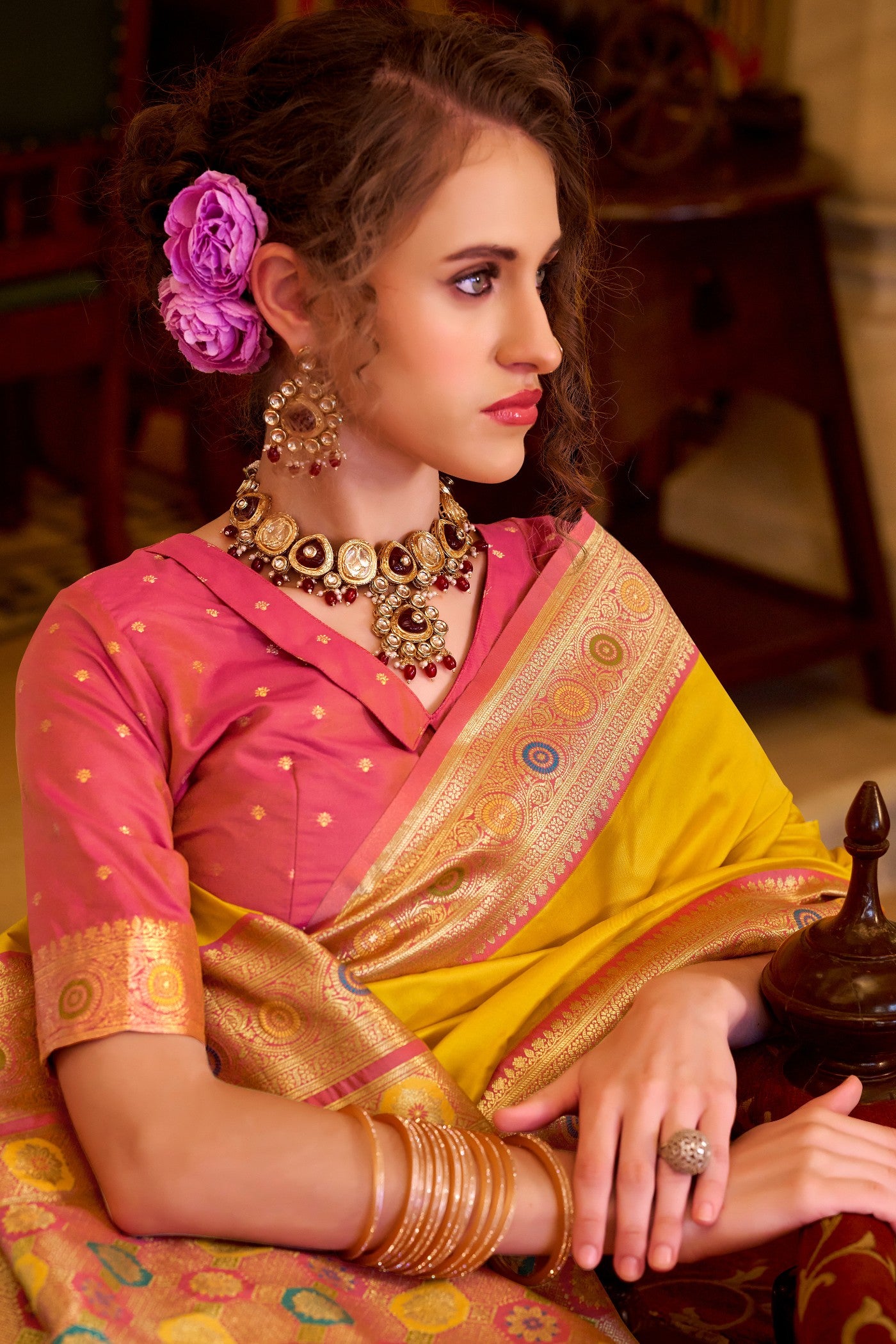 Buy MySilkLove Aureolin Yellow Woven Banarasi Soft Silk Saree Online