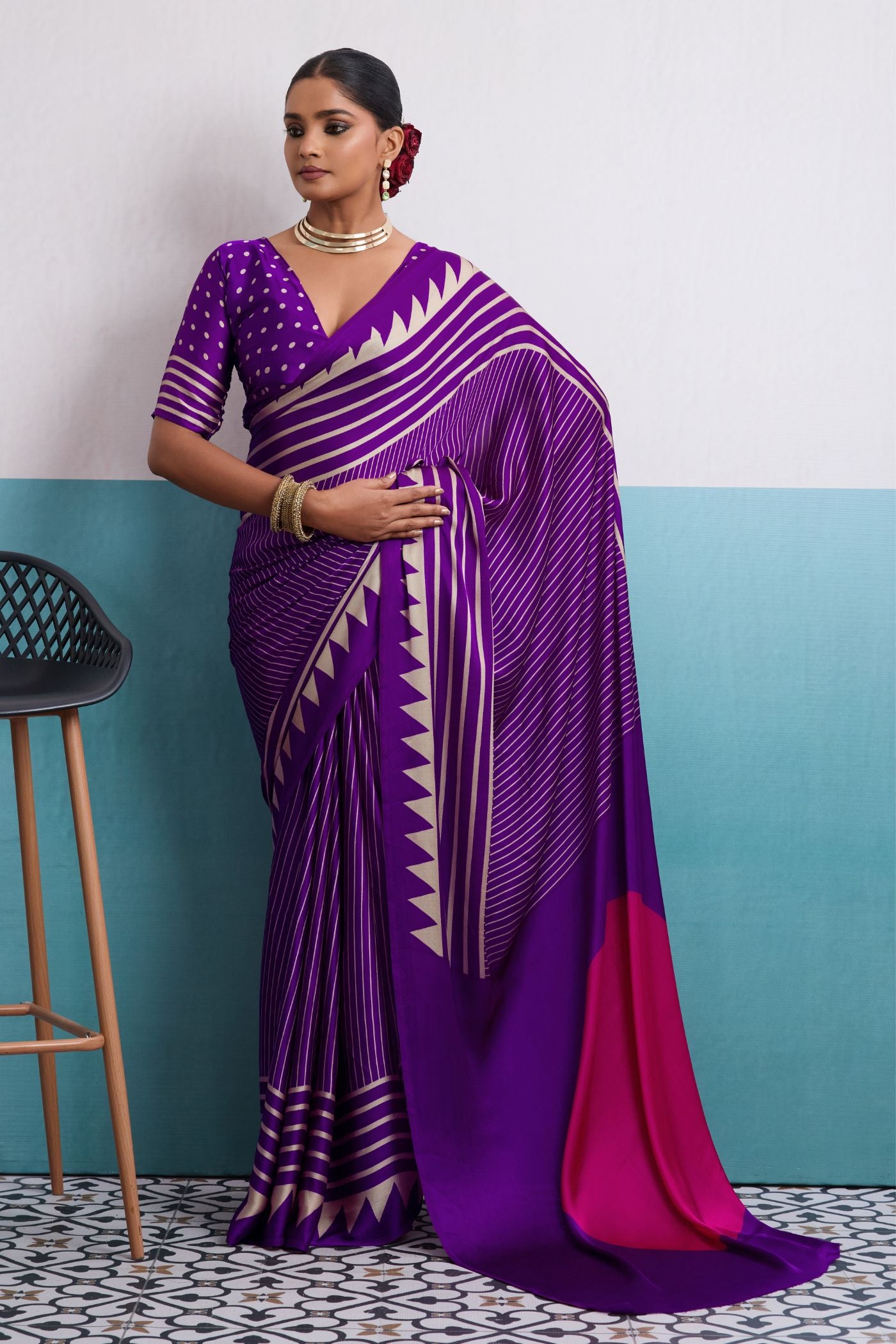 Buy MySilkLove Bloom Purple Stripe Ajrakh Printed Satin Crepe Silk Saree Online