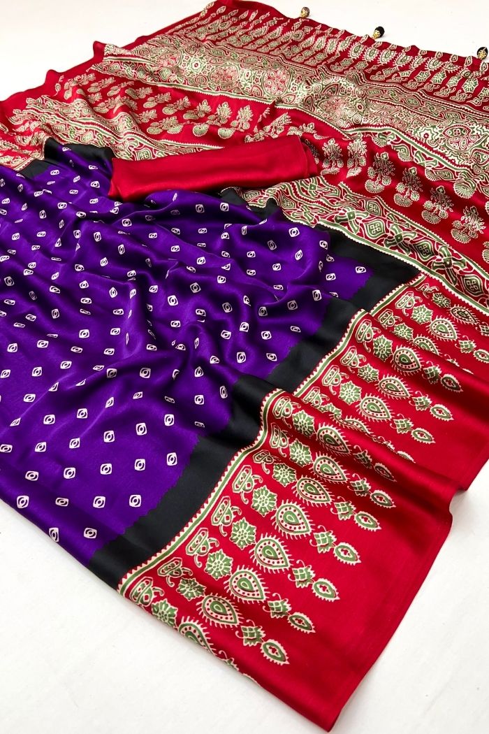Buy MySilkLove Grape Purple and Red Ajrakh Printed Satin Gaji Silk Saree Online