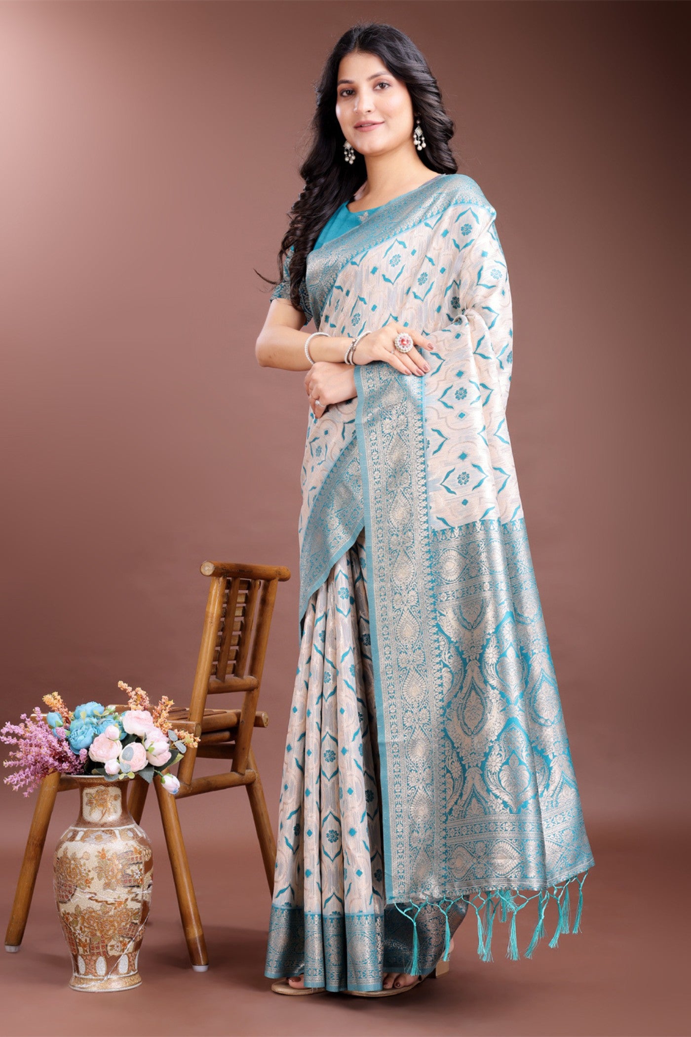 Buy MySilkLove Capri Blue and White Linen Cotton Saree Online