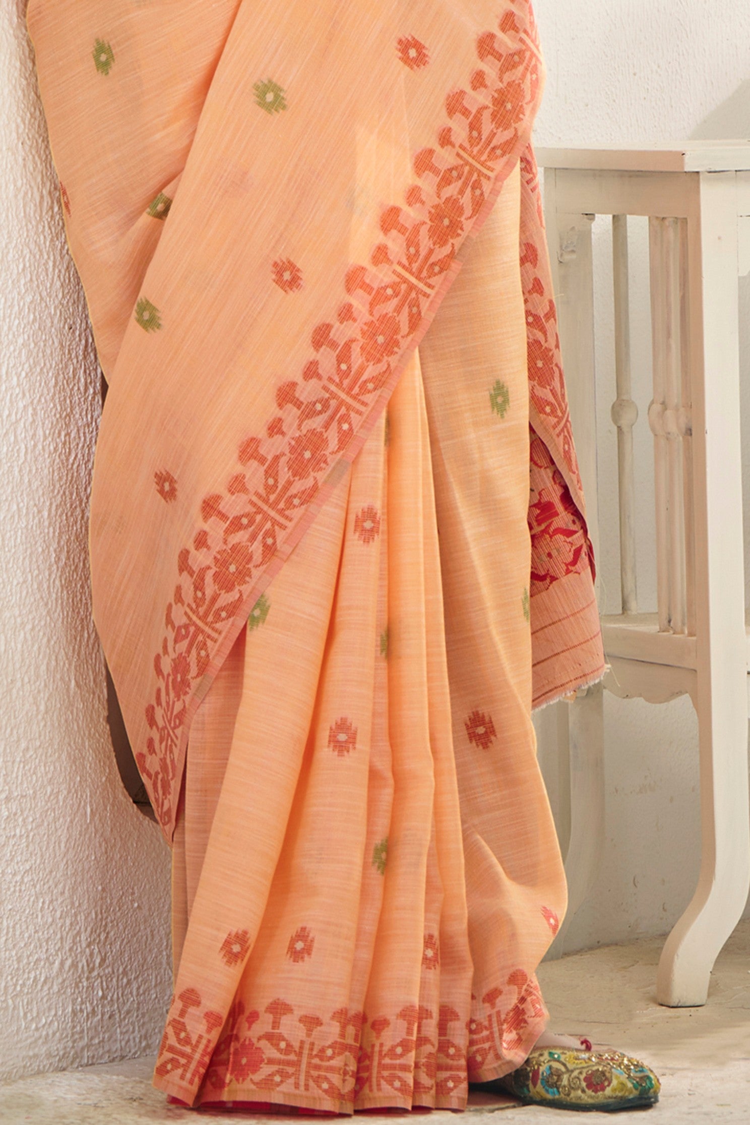 Buy MySilkLove Apricot Peach Woven Linen Saree Online