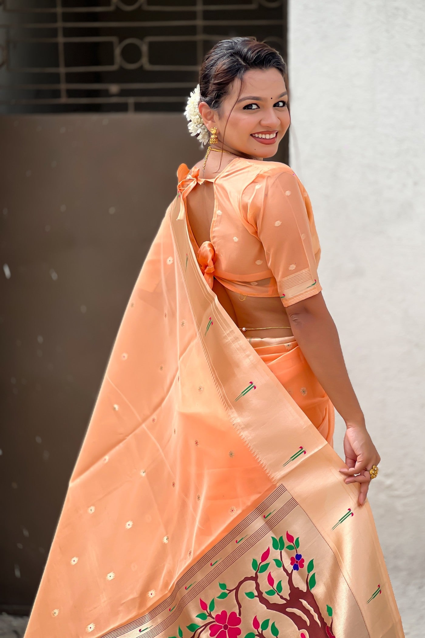 Buy MySilkLove Sunset Peach Organza Woven Paithani Saree Online
