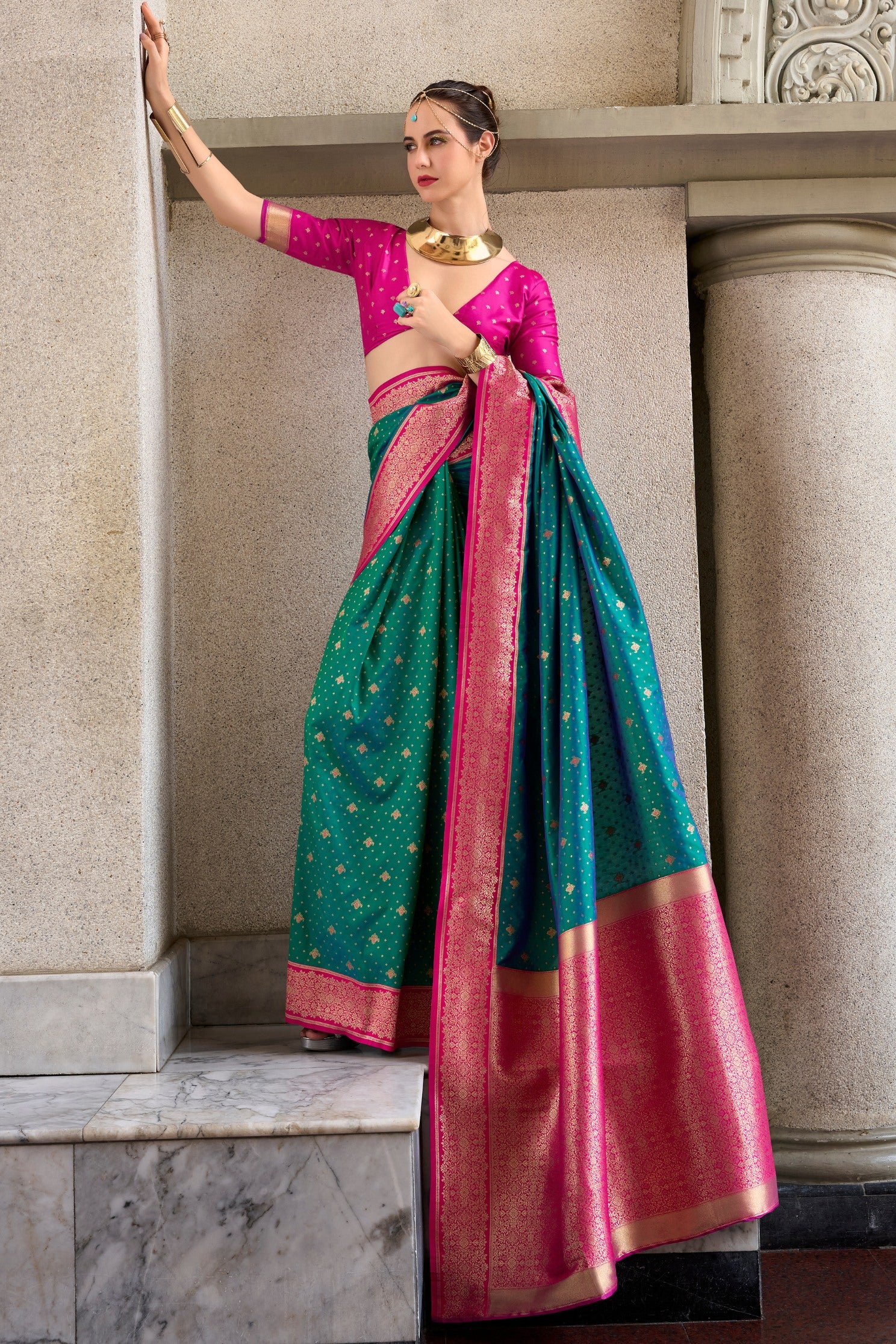 Buy MySilkLove Plantation Green and Pink Zari Woven Banarasi Soft Silk Saree Online