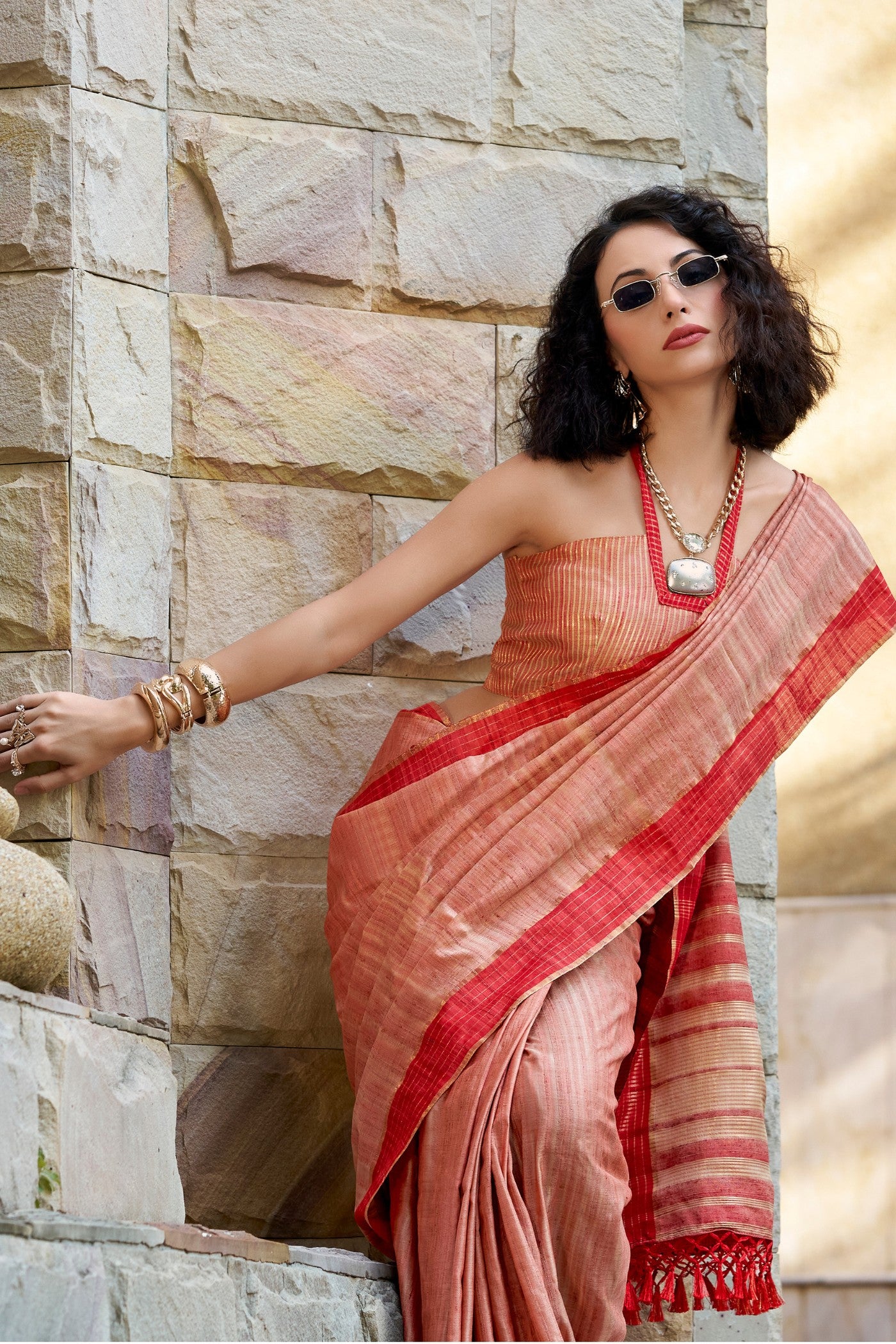 Buy MySilkLove Burning Sand Peach Handloom Katan Saree Online