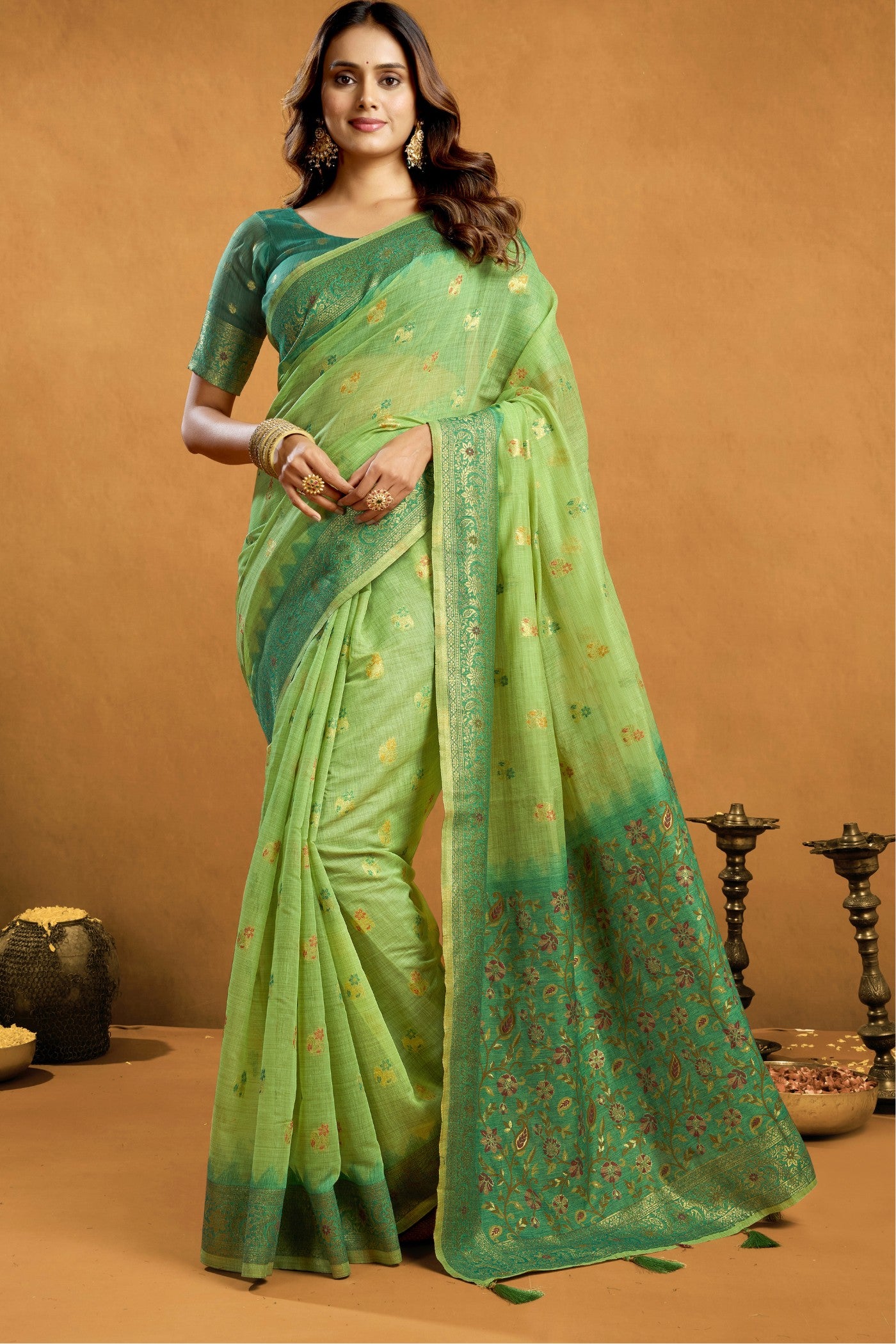 Buy MySilkLove Tealish Green Handloom Cotton Saree Online