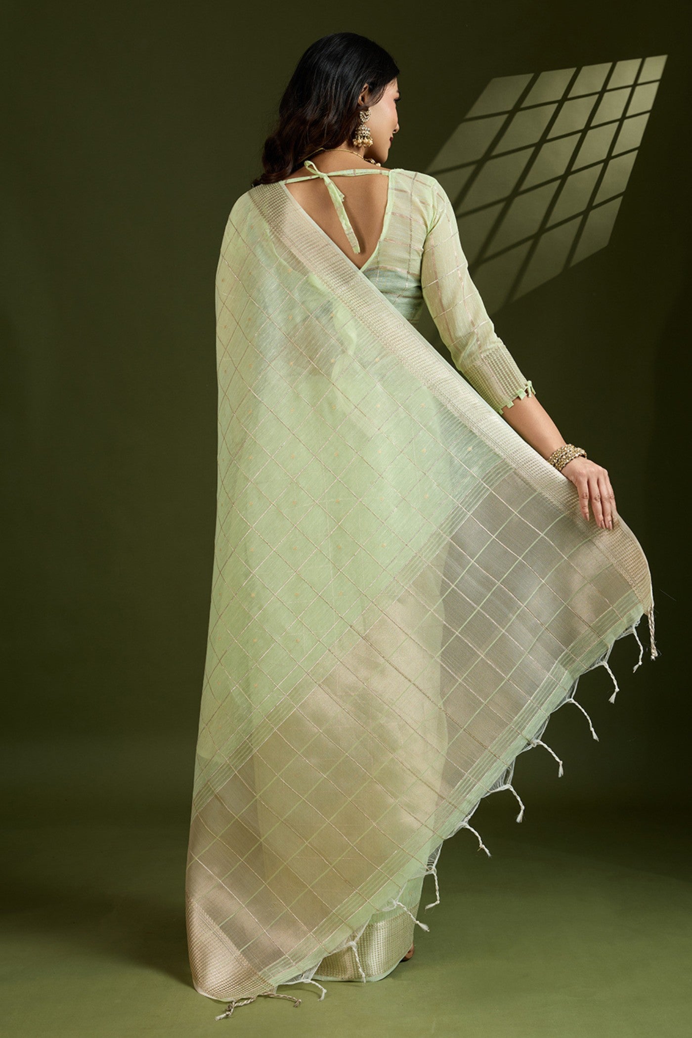 Buy MySilkLove Pista Green Woven Tissue Linen Saree Online