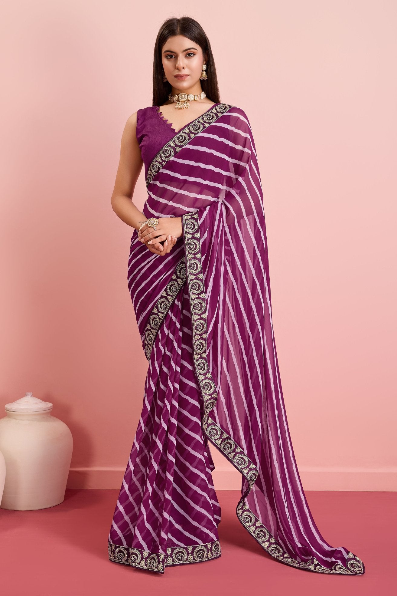 Buy MySilkLove Claret Purple Georgette Lehriya Silk saree Online